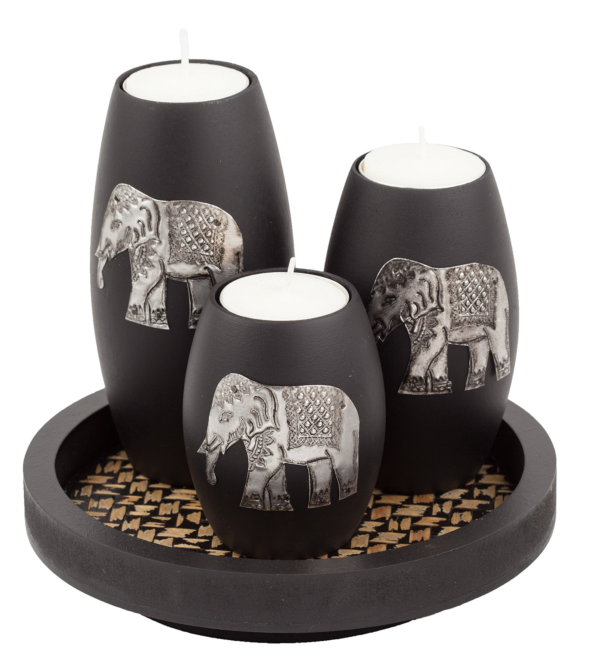 IYARA CRAFT Tealight Candle Holders with Candle Tray Set of 3 Decorative Candle Holders Matte Wood Finish with Inlaid Aluminum A
