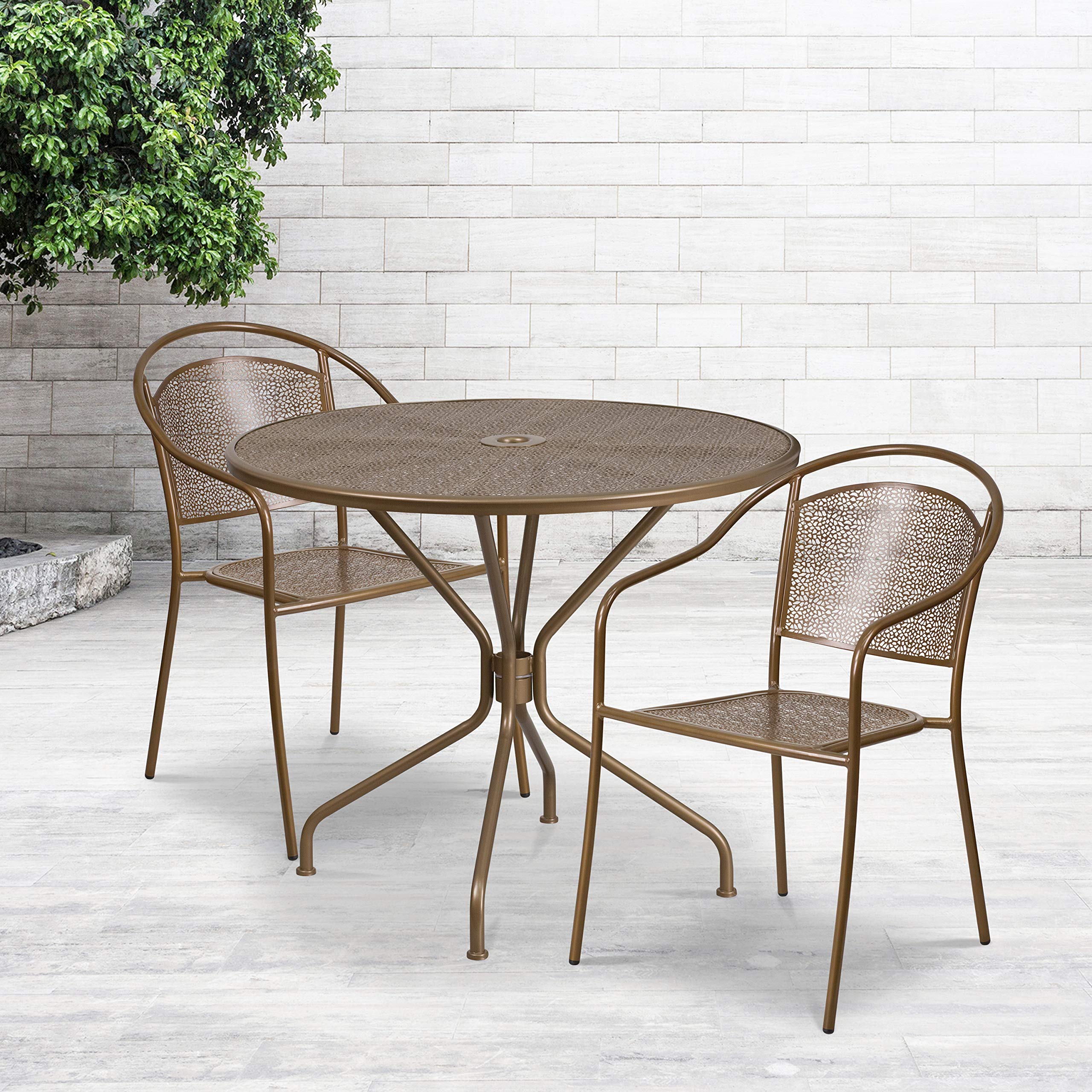 Flash Furniture Commercial Grade 35.25" Round Sky Blue Indoor-Outdoor Steel Patio Table Set with 2 Round Back Chairs