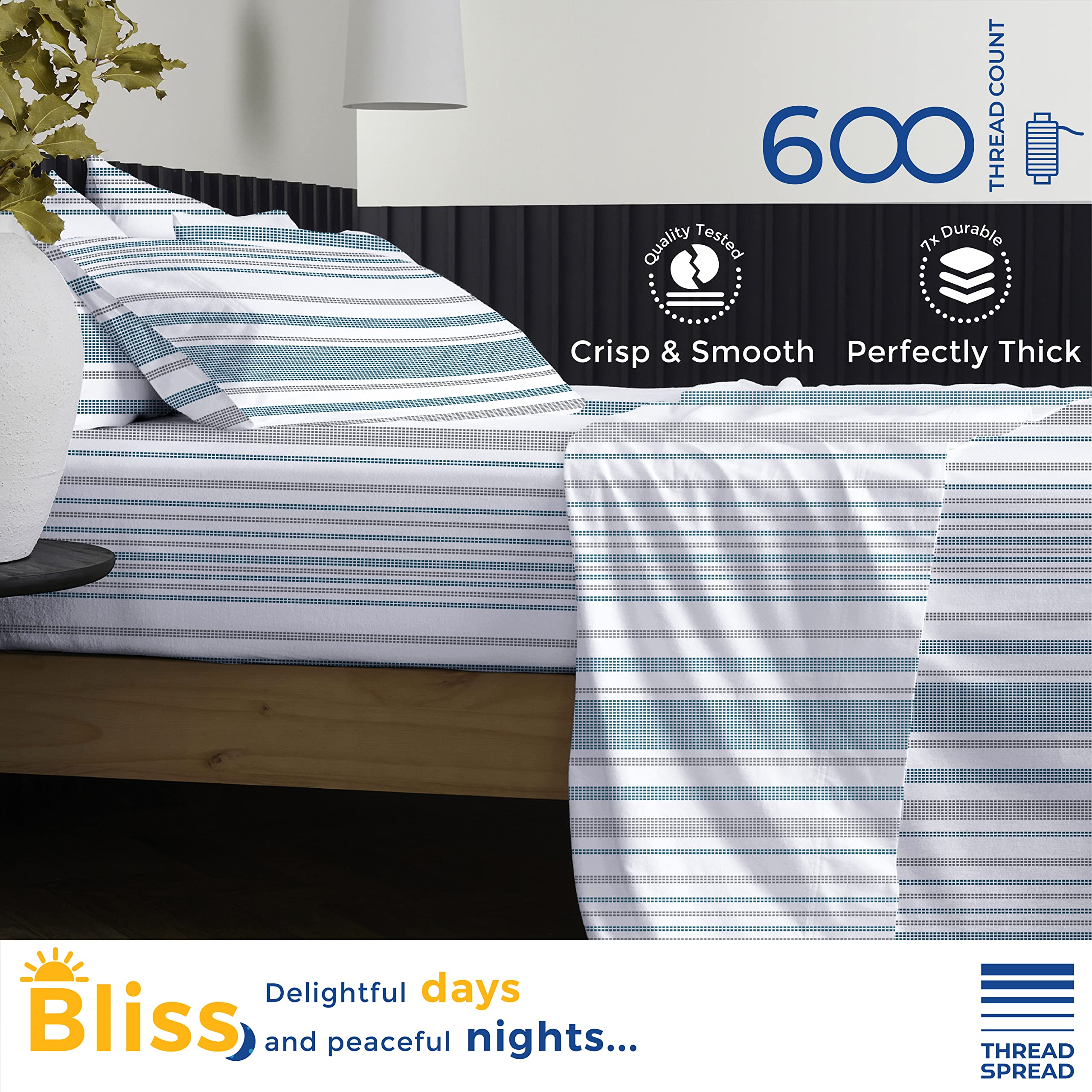 Thread Spread 100% Egyptian Cotton Printed Bed Sheets - 600 Thread Count 4 Pc King Sheet Set, Hotel Luxury Sateen Bedsheets, 16' Deep Pocket Soft Cooling Sheets For King Size Bed - Dotted Stripe