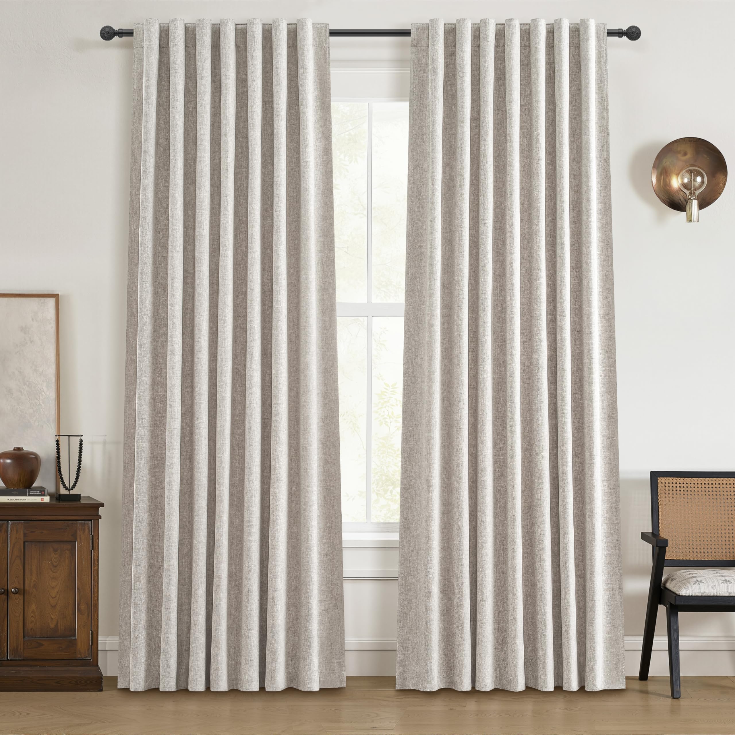 QJmydeco Natural Linen Blackout 92 Inch Bedroom Curtains 2 Panel Sets, Rustic Boho Cream Pleated Ceiling Track Curtain for Dinin