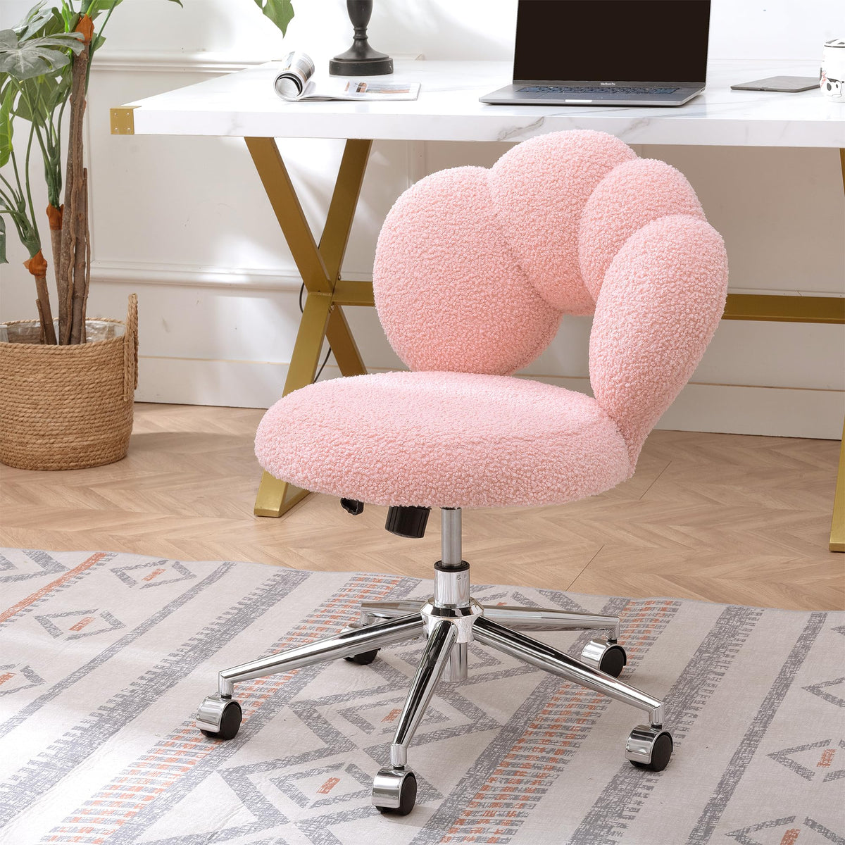 Smartedge Vanity Chair With Back & Wheels, Teddy Fabric Home Office With Height Adjustable, Upholstered Accent Cute Petal Desk S