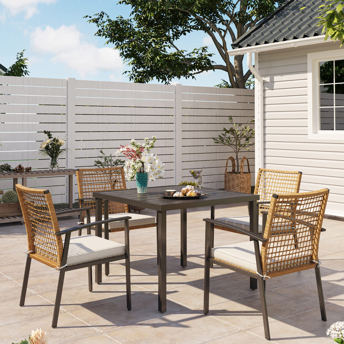 Lausaint Home 5 Pieces Outdoor Patio Dining Set, Wicker Patio Furniture Set Of 4 Chairs With Soft Cushion And Square Table With Umbrella Hole, Conversation Set For Backyard, Garden And Poolside
