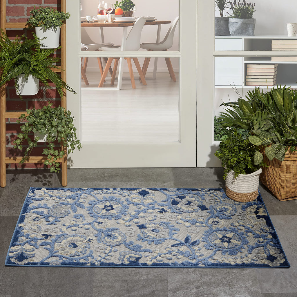 Nourison Aloha Indoor/Outdoor Blue/Grey 3' X 5' Area -Rug, Easy -Cleaning, Non Shedding, Bed Room, Living Room, Dining Room, Backyard, Deck, Patio (3X5)