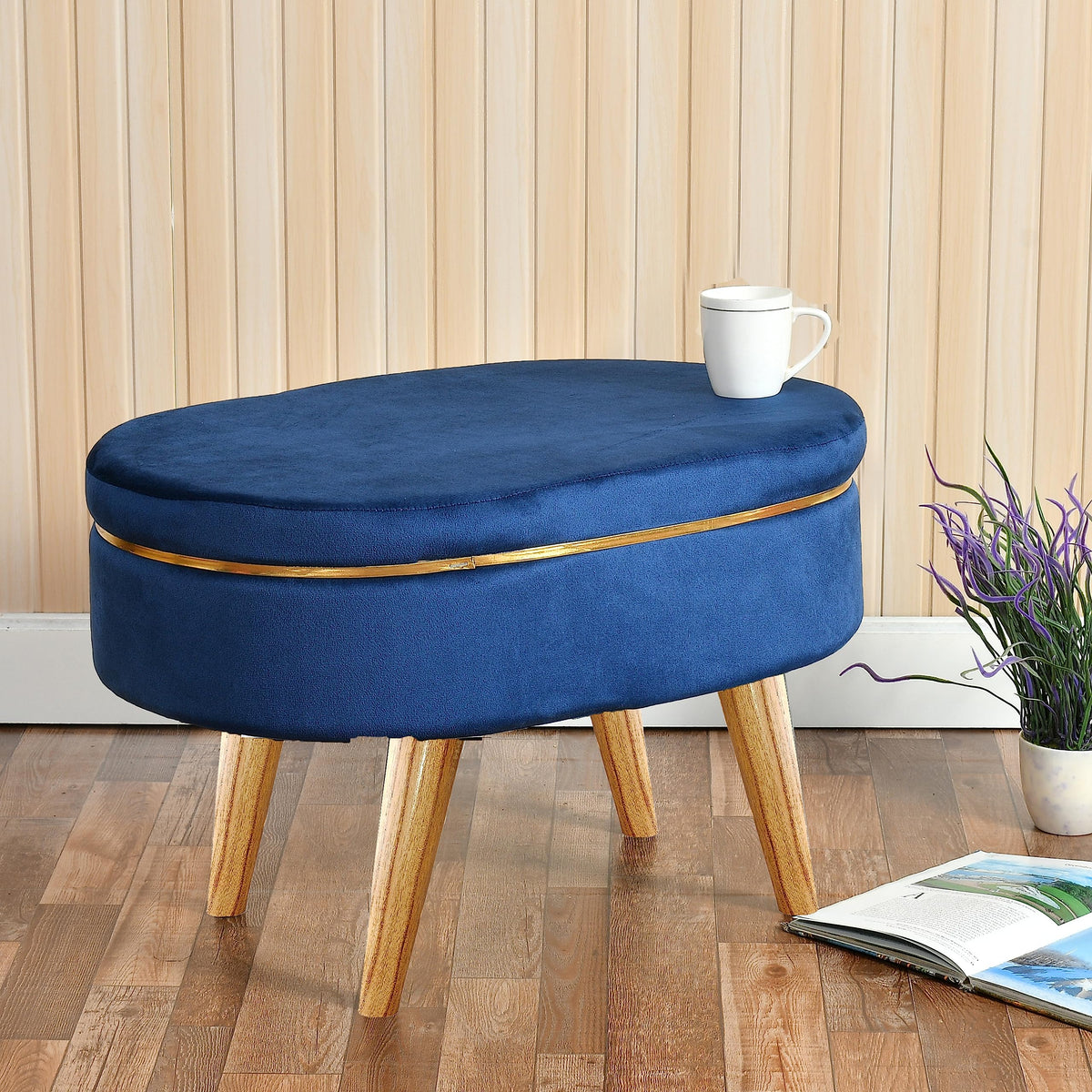 Smartkart Ottoman Bench For Living Room | Upholstered Seating With Wooden Legs| Multipurpose Seating For Home & Office| Stylish