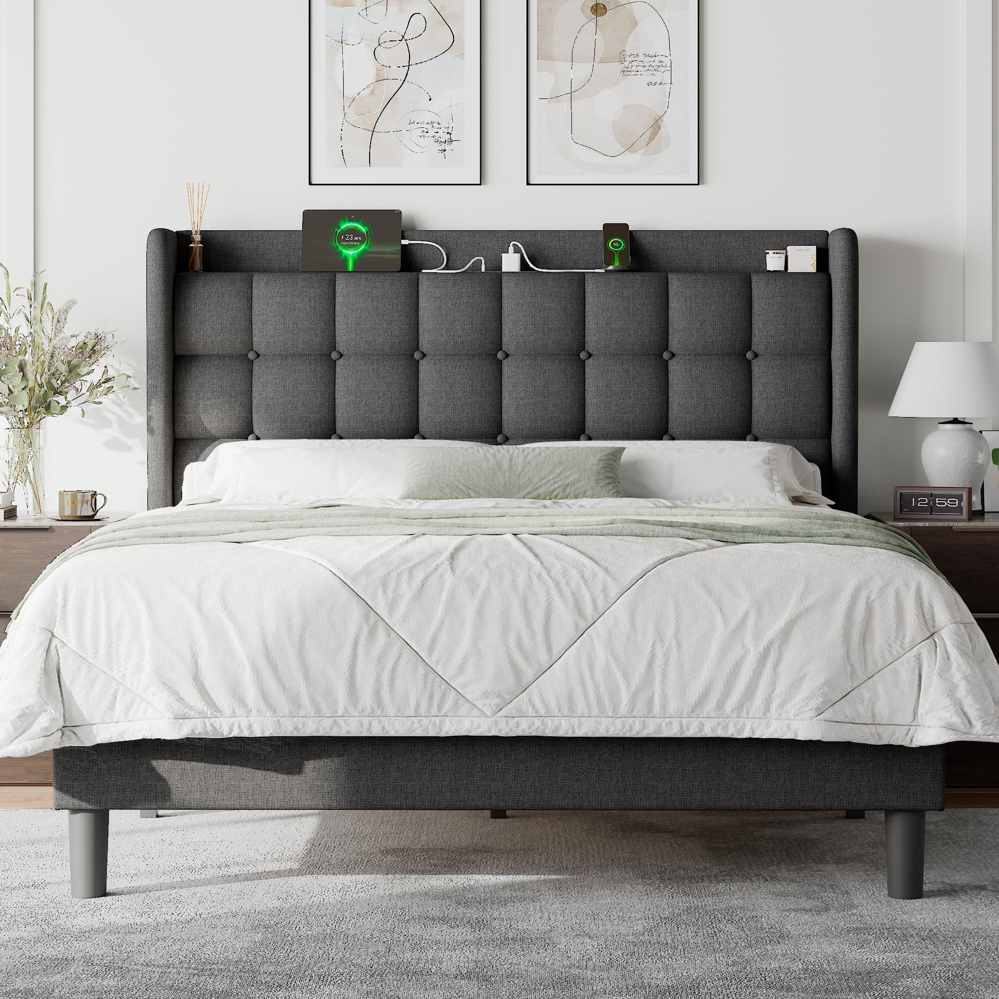 Feonase Full Bed Frame with Charging Station, Upholstered Platform Bed Frame with Wingback Storage Headboard, No Box Spring Need