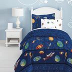 Dream Factory Kids 6-Piece Complete Set With Bedskirt Easy-Wash Super Soft Comforter Bedding, Twin, Blue Outer Space Satellites
