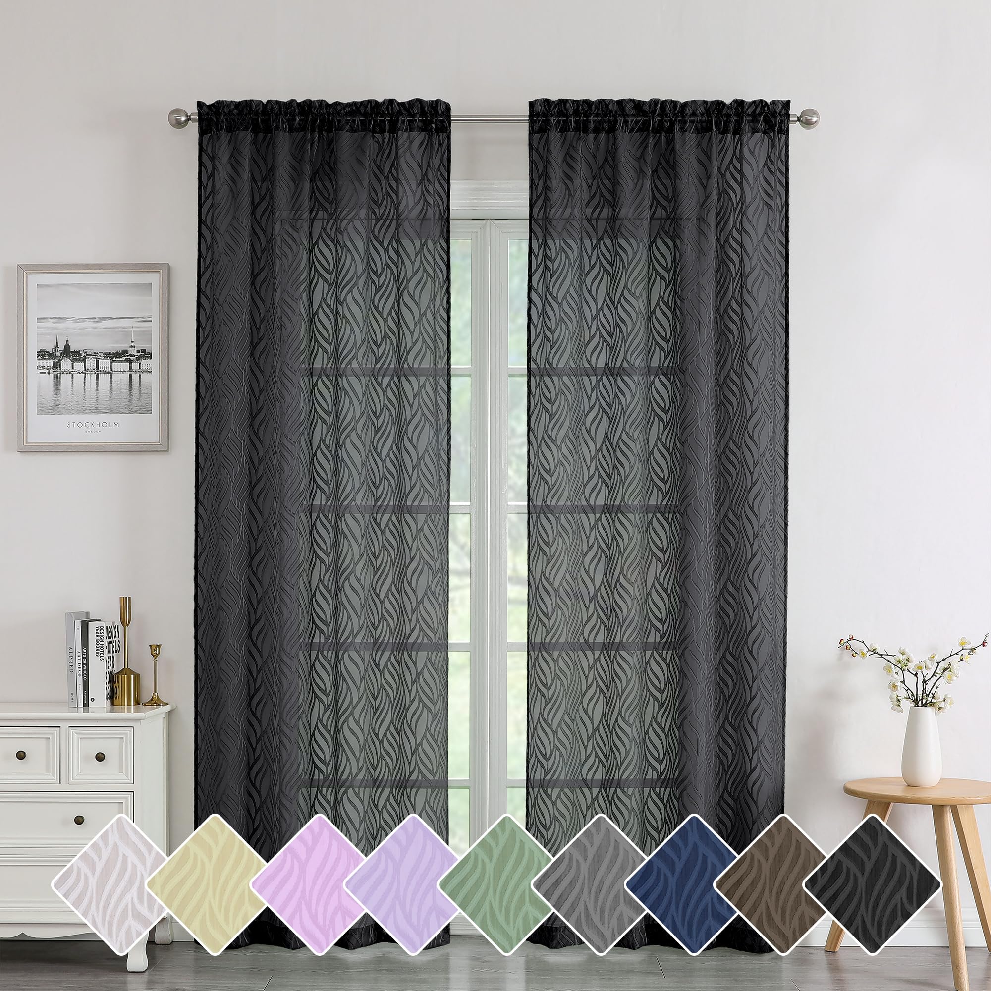 Chyhomenyc Marilyn Black Sheer Curtains 84 Inch Length 2 Panels, Light Filtering Breathable 3D Leaf Clip Jacquard Textured Sheer