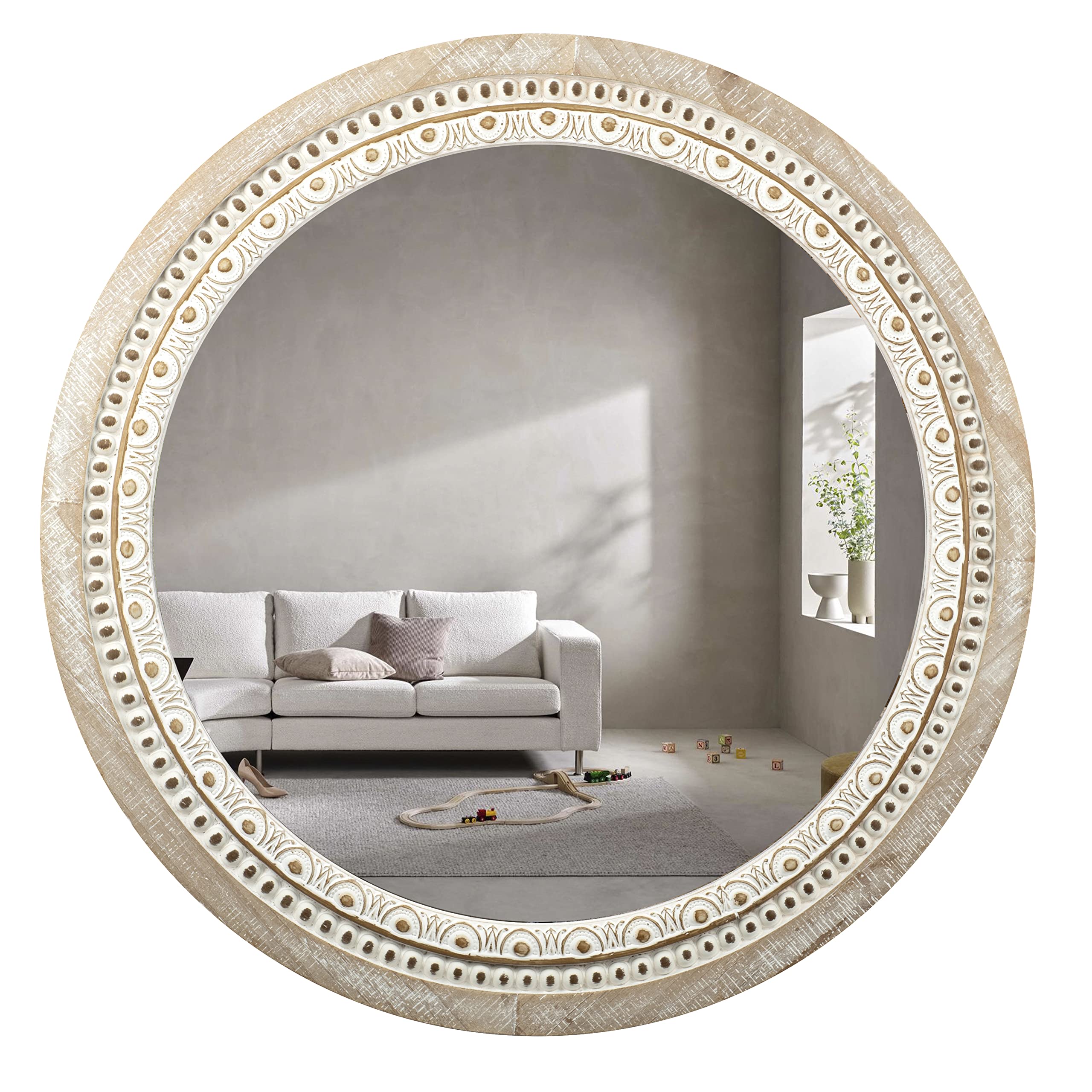 Reflinto 32 Wooden Round Mirrors for Wall Decor, Farmhouse Rustic Large Mirror with White Wash Beads, Circle Bathroom Mirrors fo