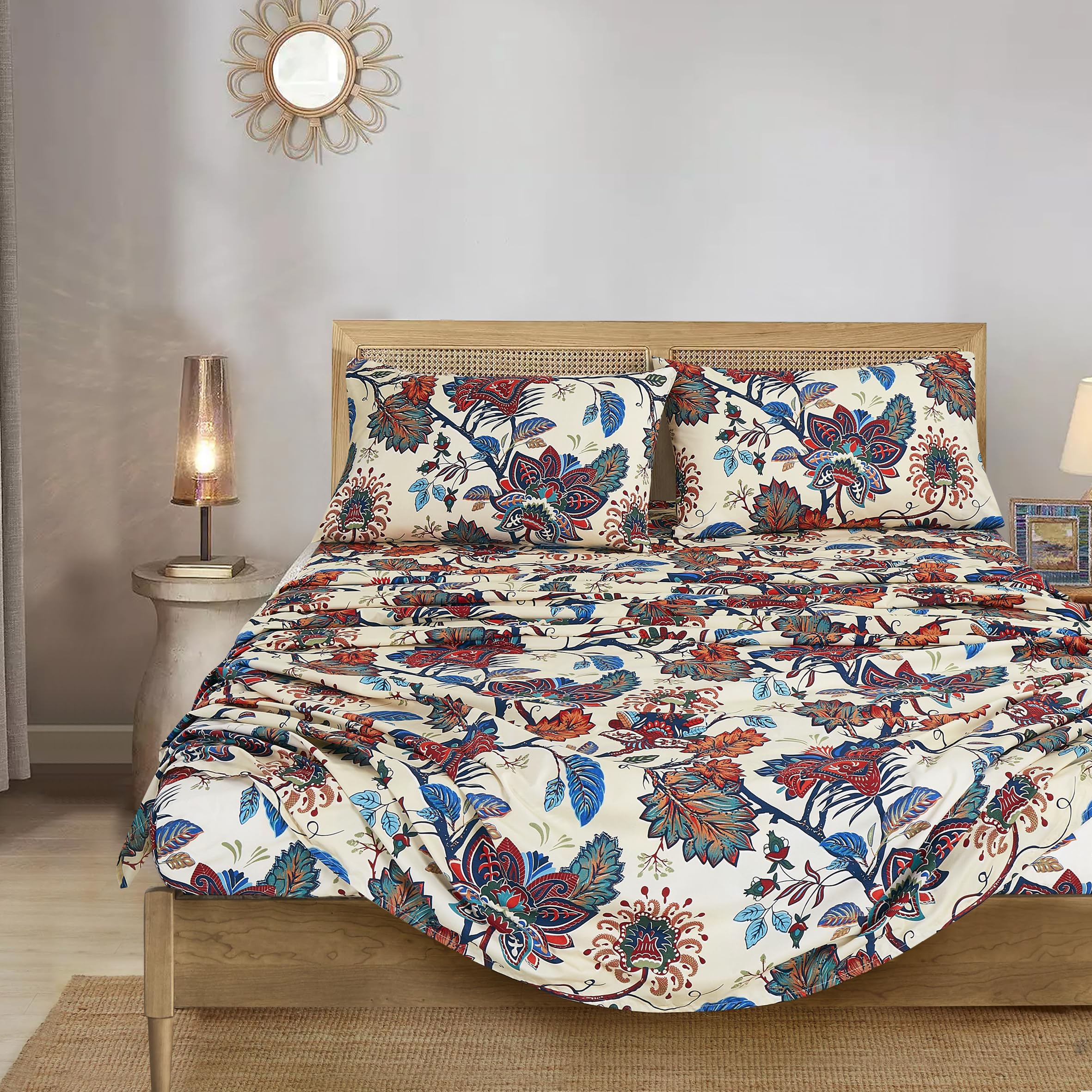 Chezmoi Collection Paradise 4-Piece Floral Bed Sheet Set - Multicolor Blue Red Orange Cream Printed Microfiber 14-Inches Deep Po