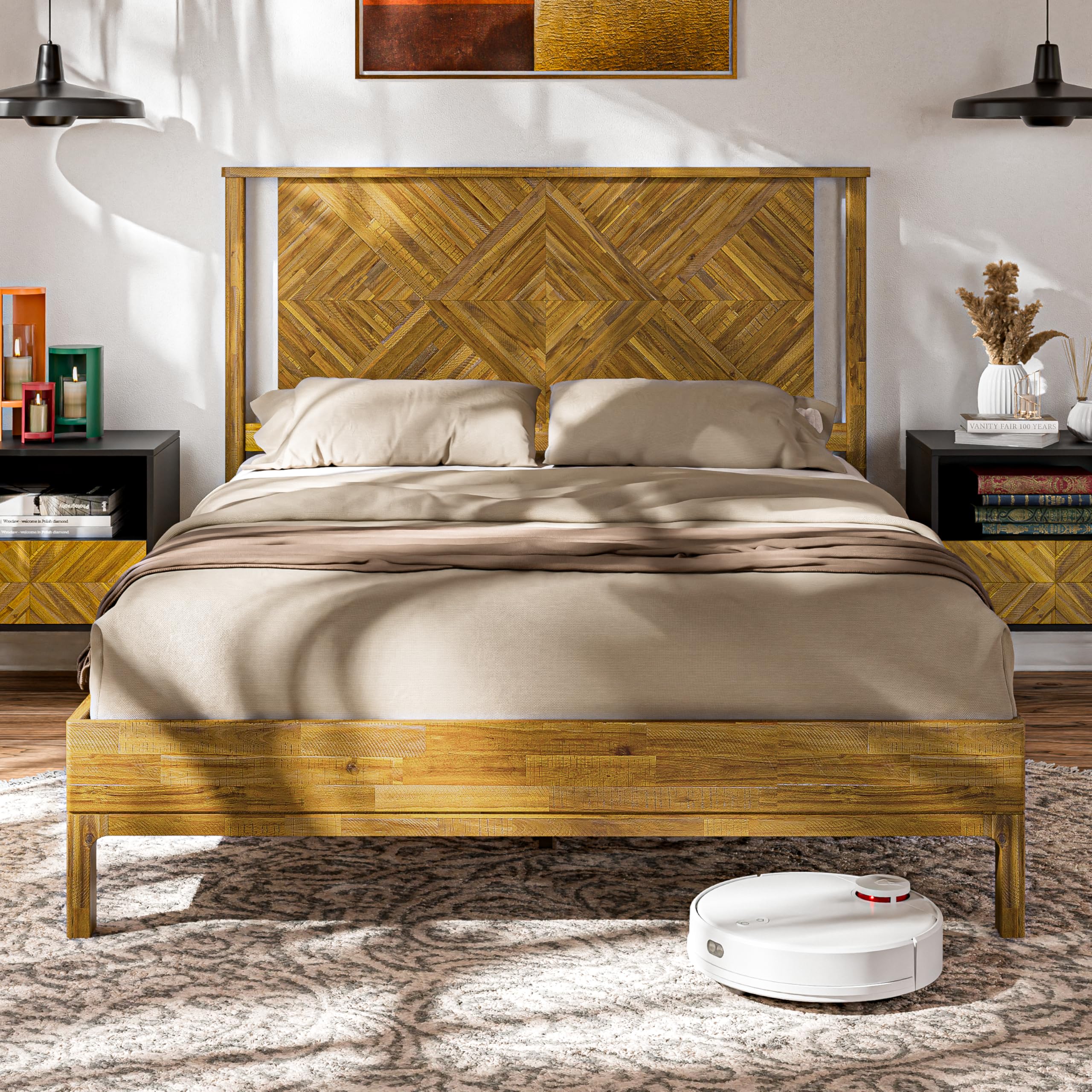 Bme Ethan Solid Wood Queen Bed Frame with Diamond Headboard - Rustic & Mid-century Modern - Acacia Wood Platform Bed - Compatibl