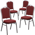4 Pk. Stacking Chair with Burgundy Patterned Fabric - Silver Vein Frame