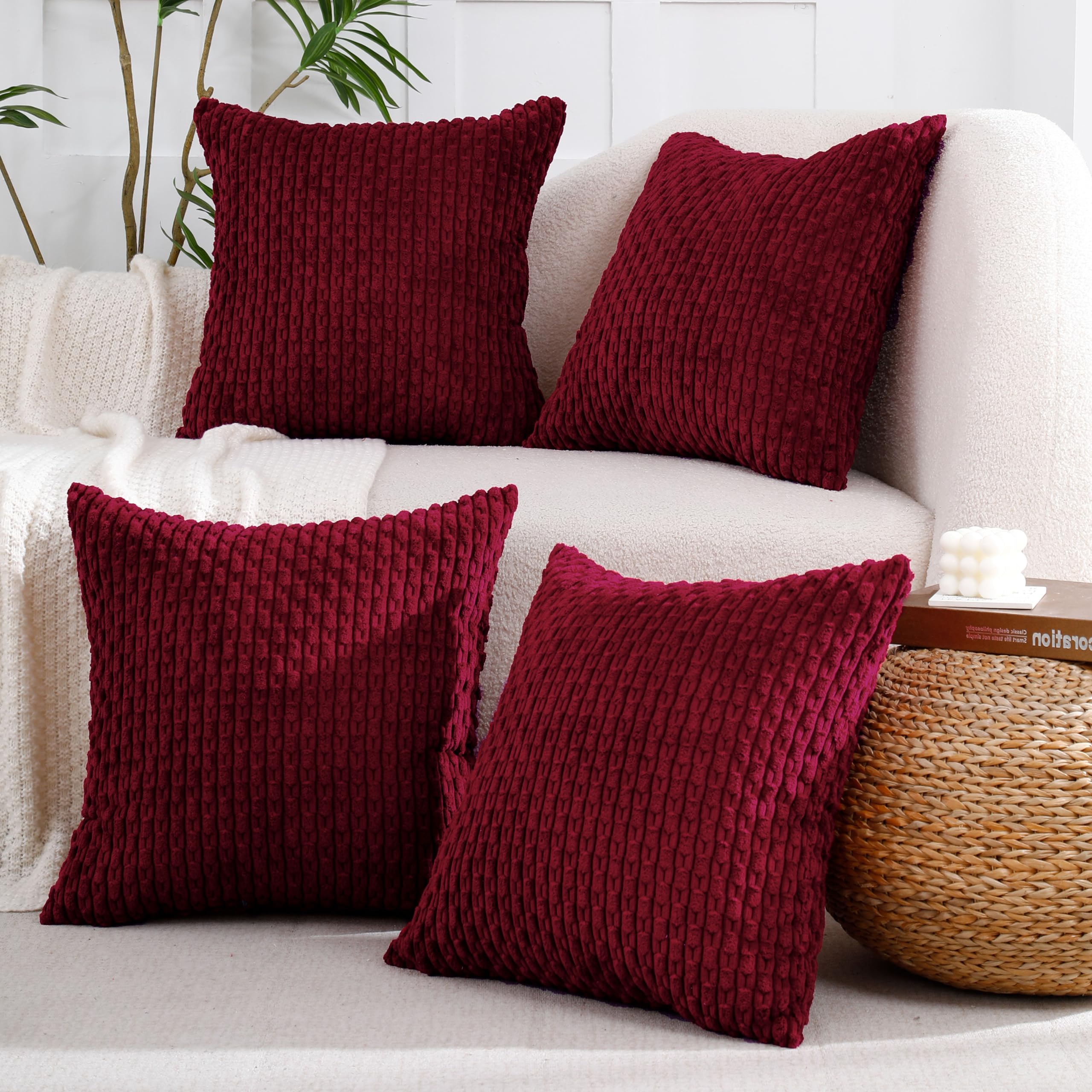 Vakado Couch Christmas Decorative Throw Pillow Covers Corduroy 18X18 Set Of 4 Red Home Living Room Neutral Rustic Farmhouse Cush
