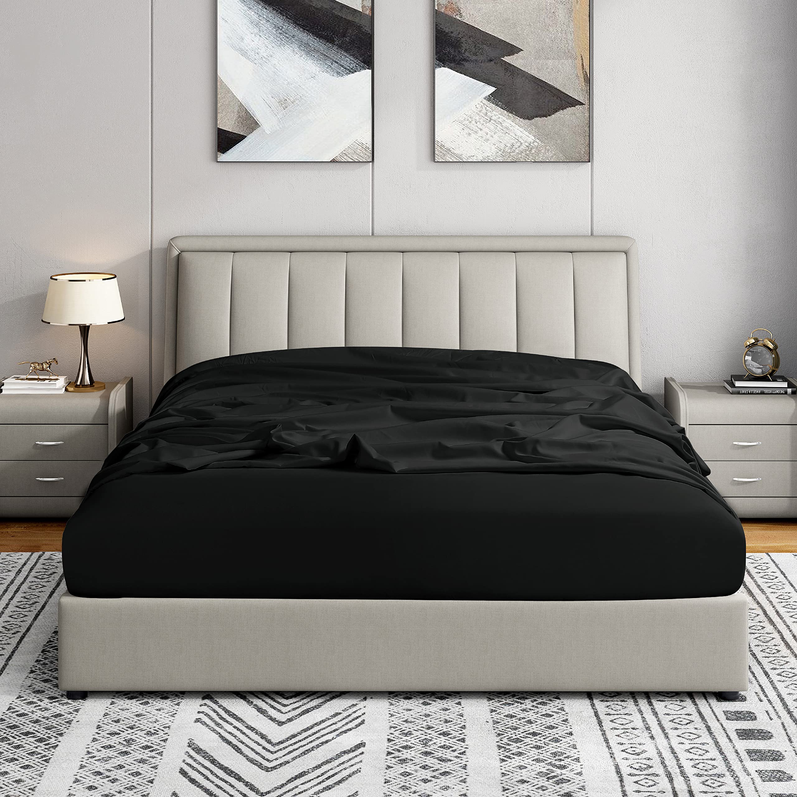 Cathay Home King Fitted Sheet - Double Brushed Ultra Soft – Wrinkle & Fade Resistant - 14' Standard Pocket Fitted Sheet Only - Good Fit For 12'-16' Deep Mattress (King, Black)
