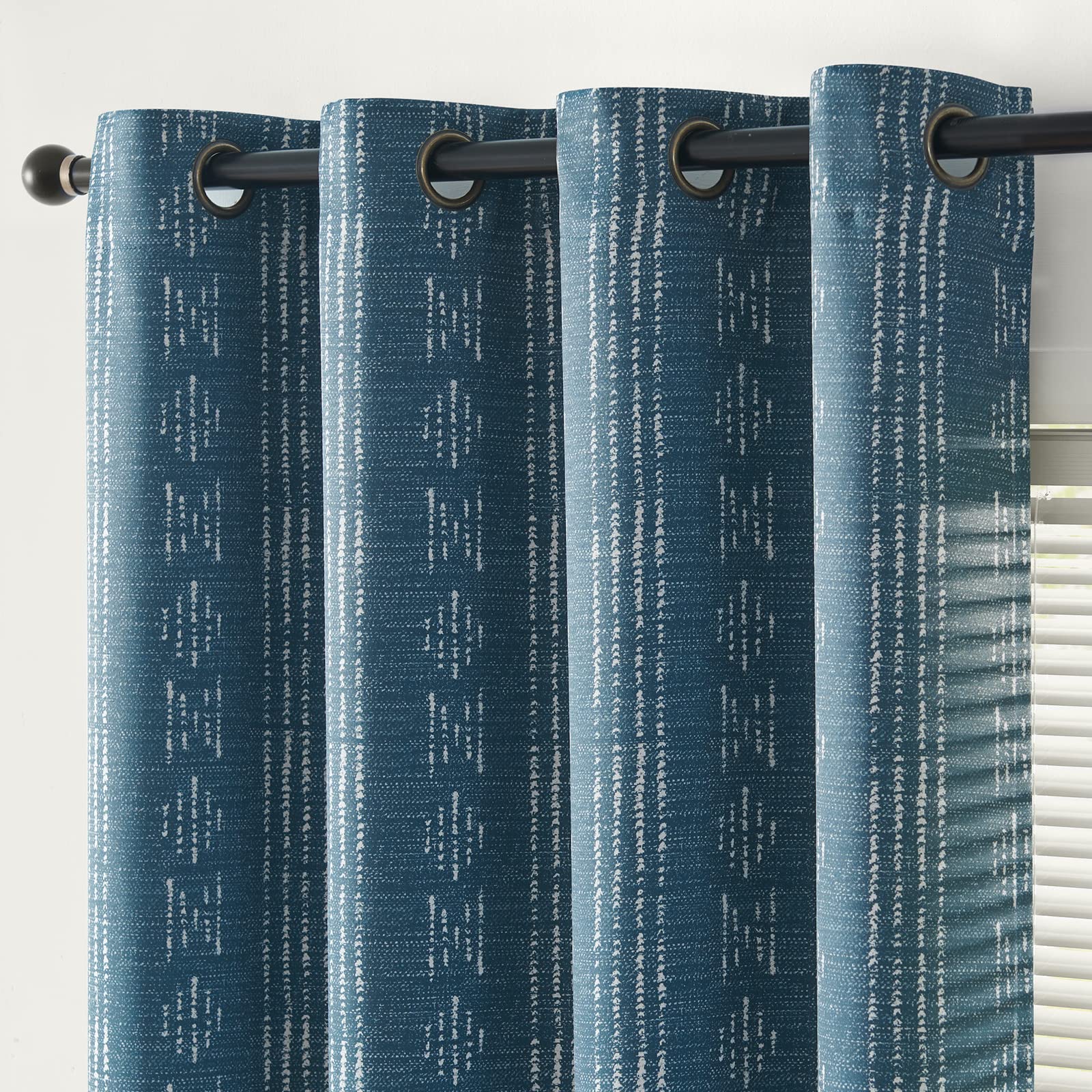 Jinchan 100% Blackout Boho Curtains 96 Inch Length For Bedroom White On Blue Geometric Printed Grommet Top Room Darkening Thermal Insulated Window Drapes 2 Panels