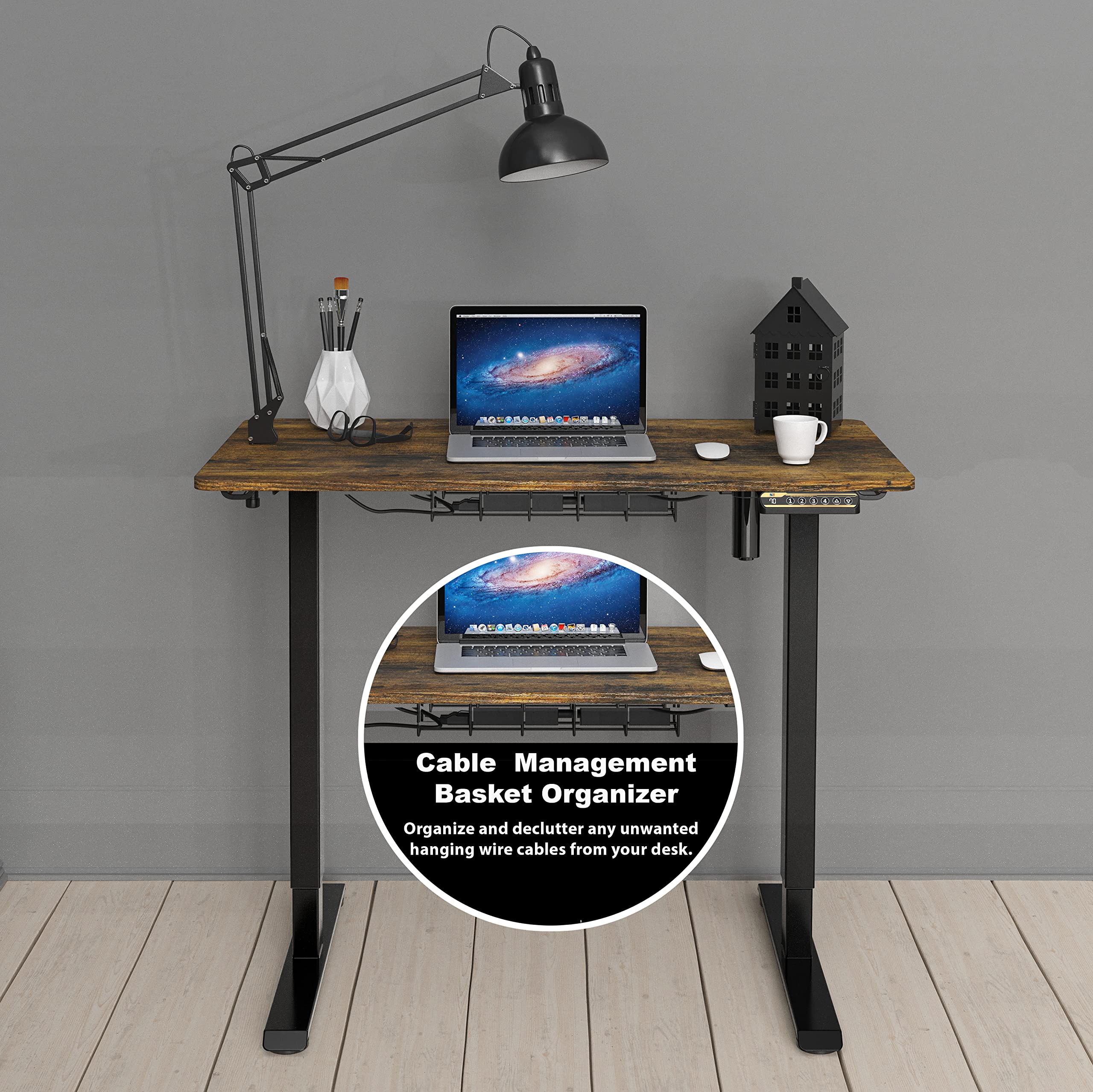 SHW Electric Height Adjustable Standing Desk with Drawer, Memory Preset, Cable Management, Engineered Wood, Rustic Brown, 40-Inch