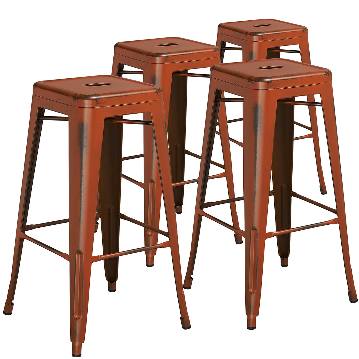 Flash Furniture Kai Commercial Grade 4 Pack 30 High Backless Distressed Orange Metal Indoor-Outdoor Barstool