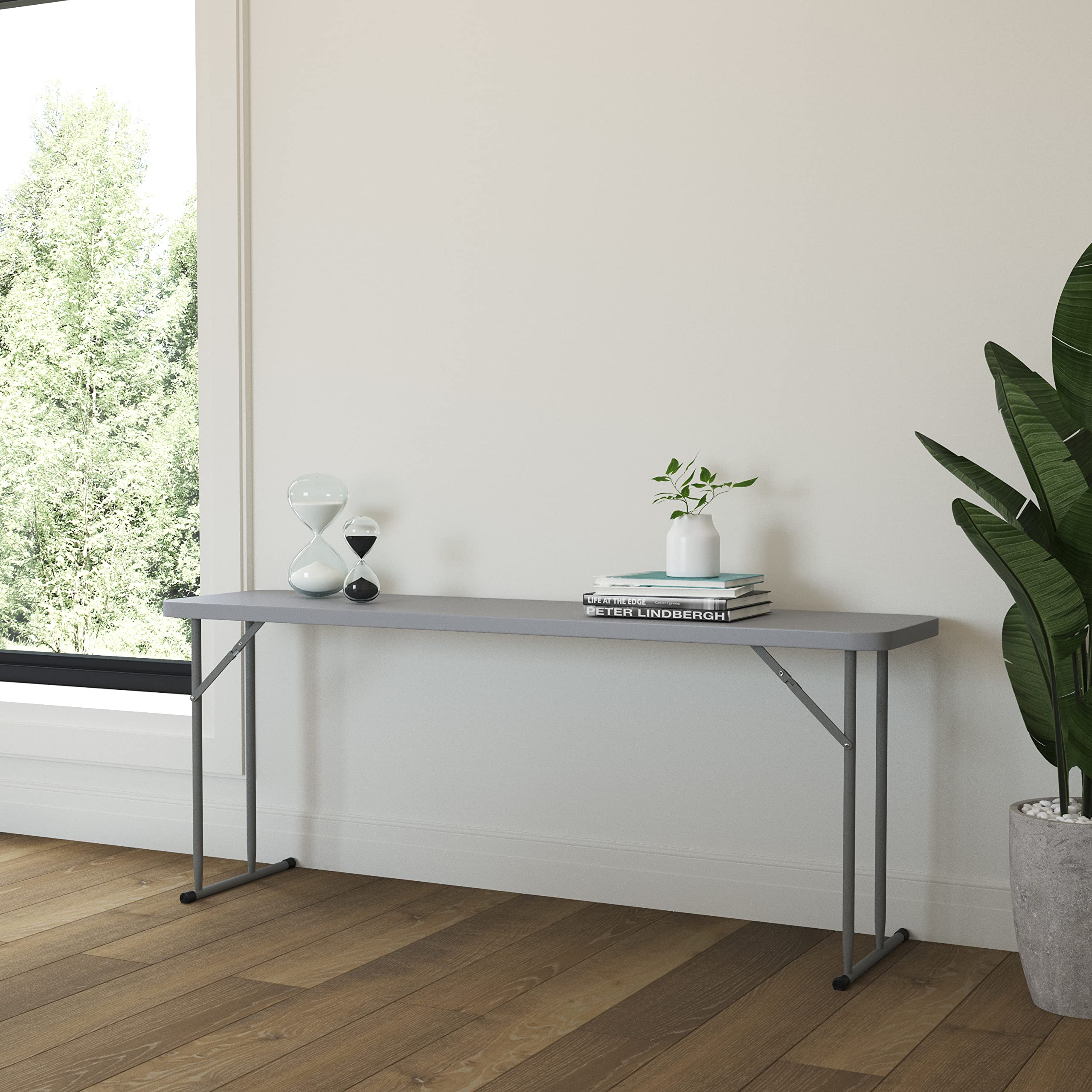 EMMA + OLIVER 6-Foot Rectangular Gray Plastic Folding Table with Locking Legs for Training or Seminars