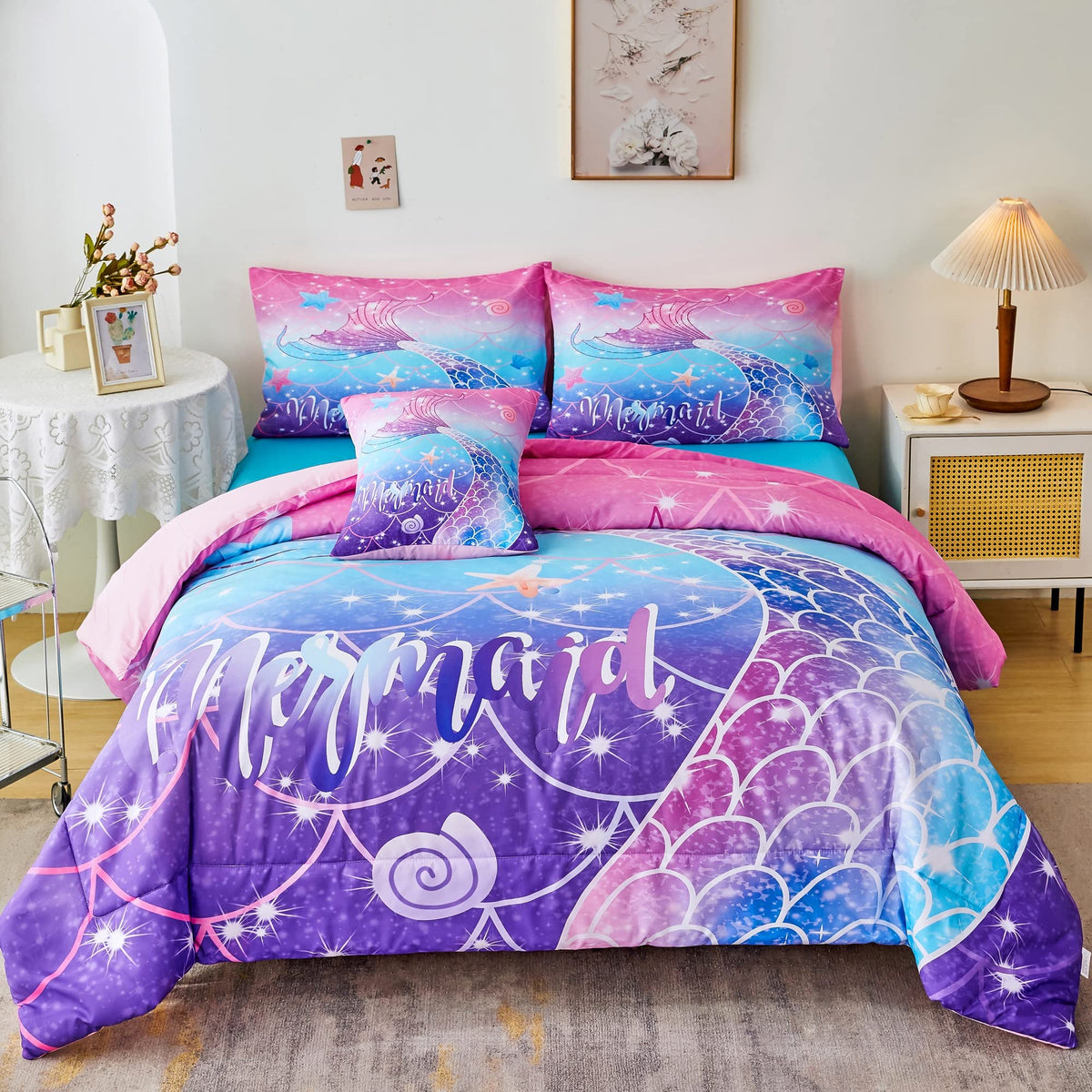 Rynghipy Mermaid Comforter Set 6Pcs, Kids Gilrs Bed In A Bag Twin Size, Mermaid Tail Print Teens Girls Bedding Set, Rainbow Bedd