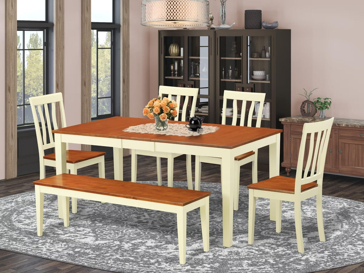 East West Furniture NIAN6-WHI-W 6 Piece Kitchen Table & Chairs Set Contains a Rectangle Dining Table with Butterfly Leaf and 4 Dining Room Chairs with a Bench, 36x66 Inch, Buttermilk & Cherry