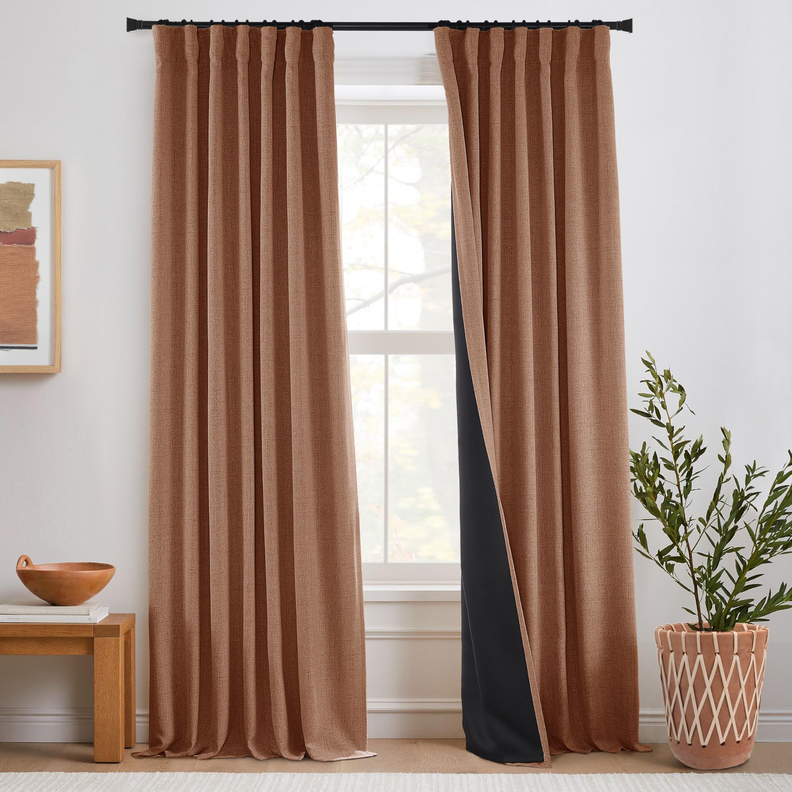 Rust Blackout Curtains For Patio Doors Sliding Glass 2 Panels Linen Basket Weave Woven Hidden Tab Pleat Rod Pocket Autumn Time S