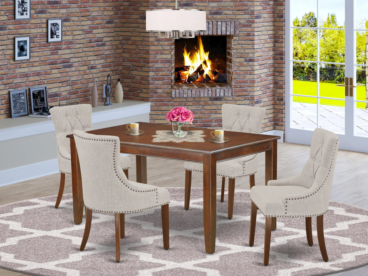East West Furniture Dufr5-Mah-05 5-Pc Wooden Dining Table Set - Parson Dining Chairs With Doeskin Linen Fabric Seat And Button-Tufted Back - A Rectangular Dining Room Table (Mahogany Finish)