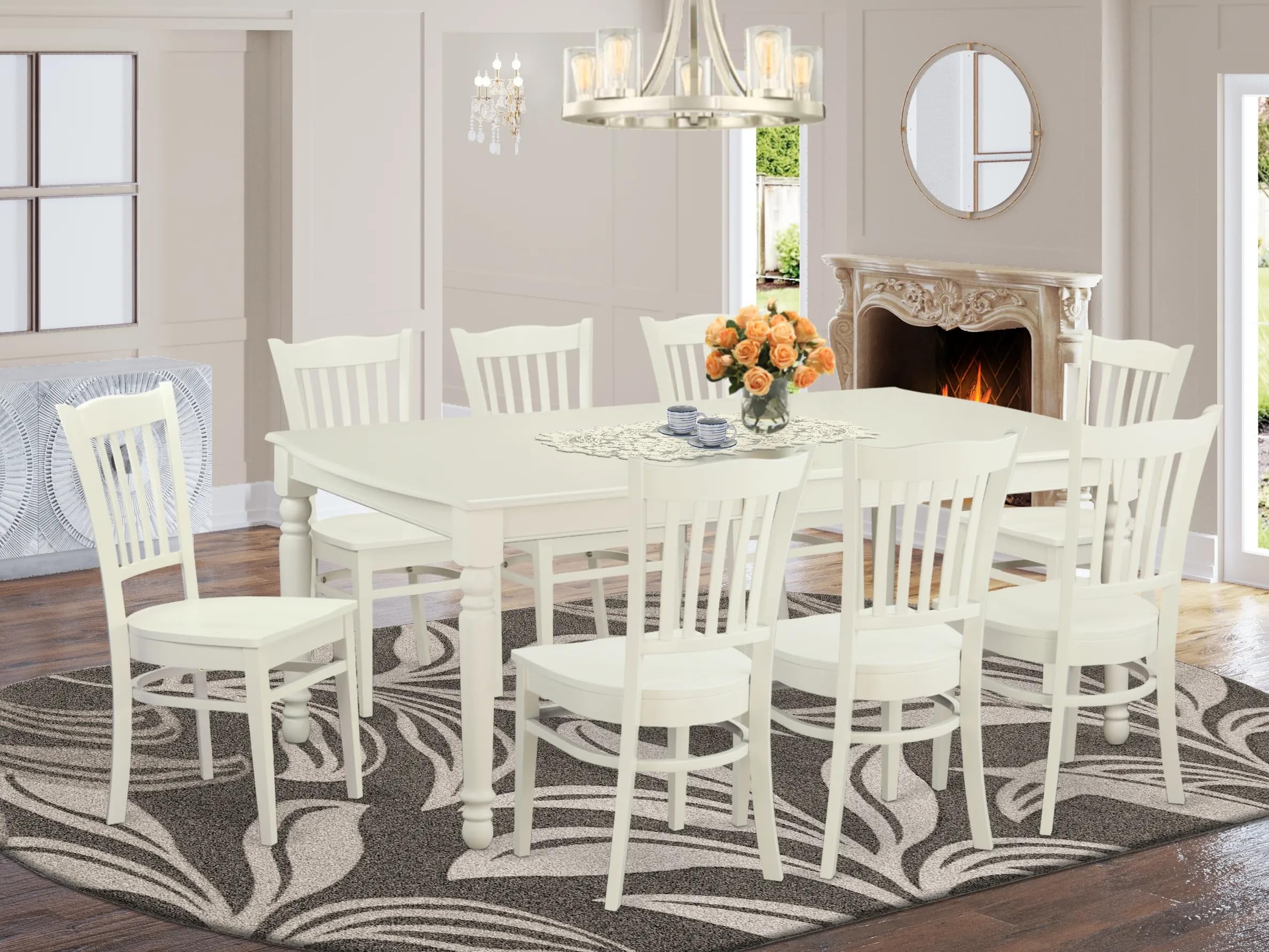 East West Furniture DOGR9-LWH-W 9 Piece Kitchen Table Set Includes a Rectangle Dining Table with Butterfly Leaf and 8 Dining Room Chairs, 42x78 Inch, Linen White
