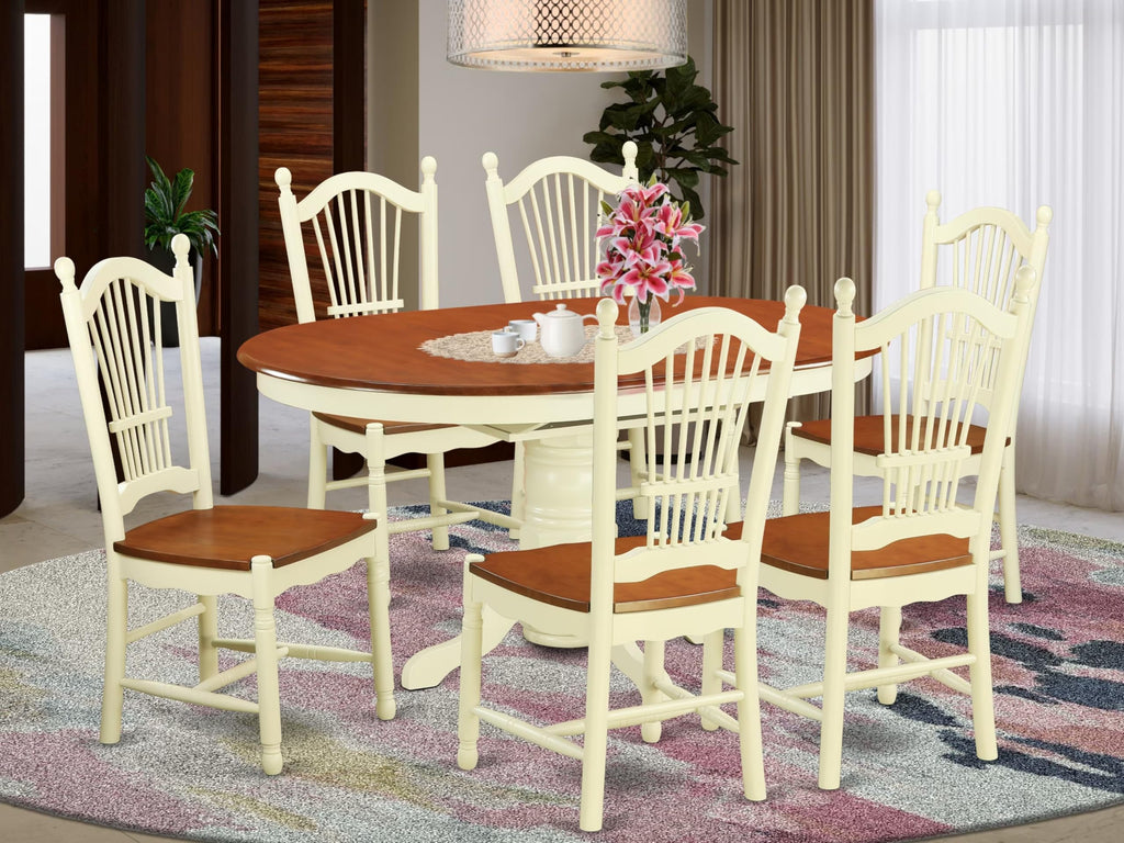 East West Furniture AVDO7-WHI-W 7 Piece Modern Dining Table Set Consist of an Oval Wooden Table with Butterfly Leaf and 6 Dining Chairs, 42x60 Inch, Buttermilk & Cherry