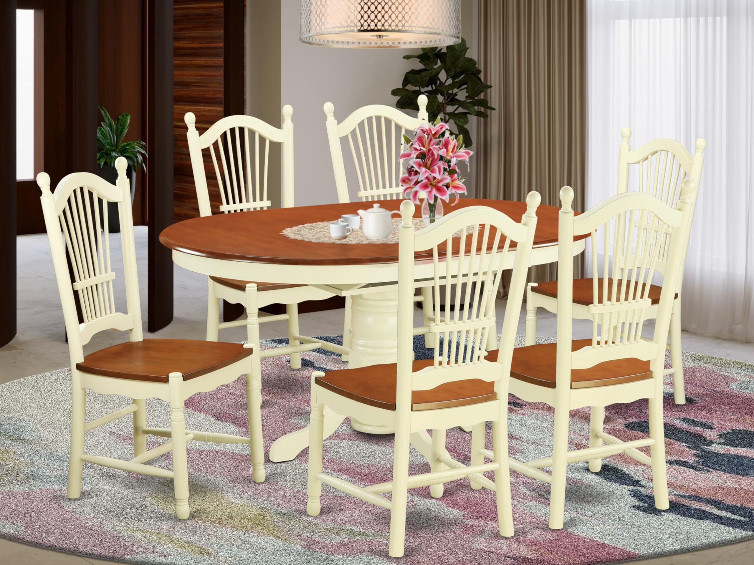 East West Furniture AVDO7-WHI-W 7 Piece Modern Dining Table Set Consist of an Oval Wooden Table with Butterfly Leaf and 6 Dining Chairs, 42x60 Inch, Buttermilk & Cherry