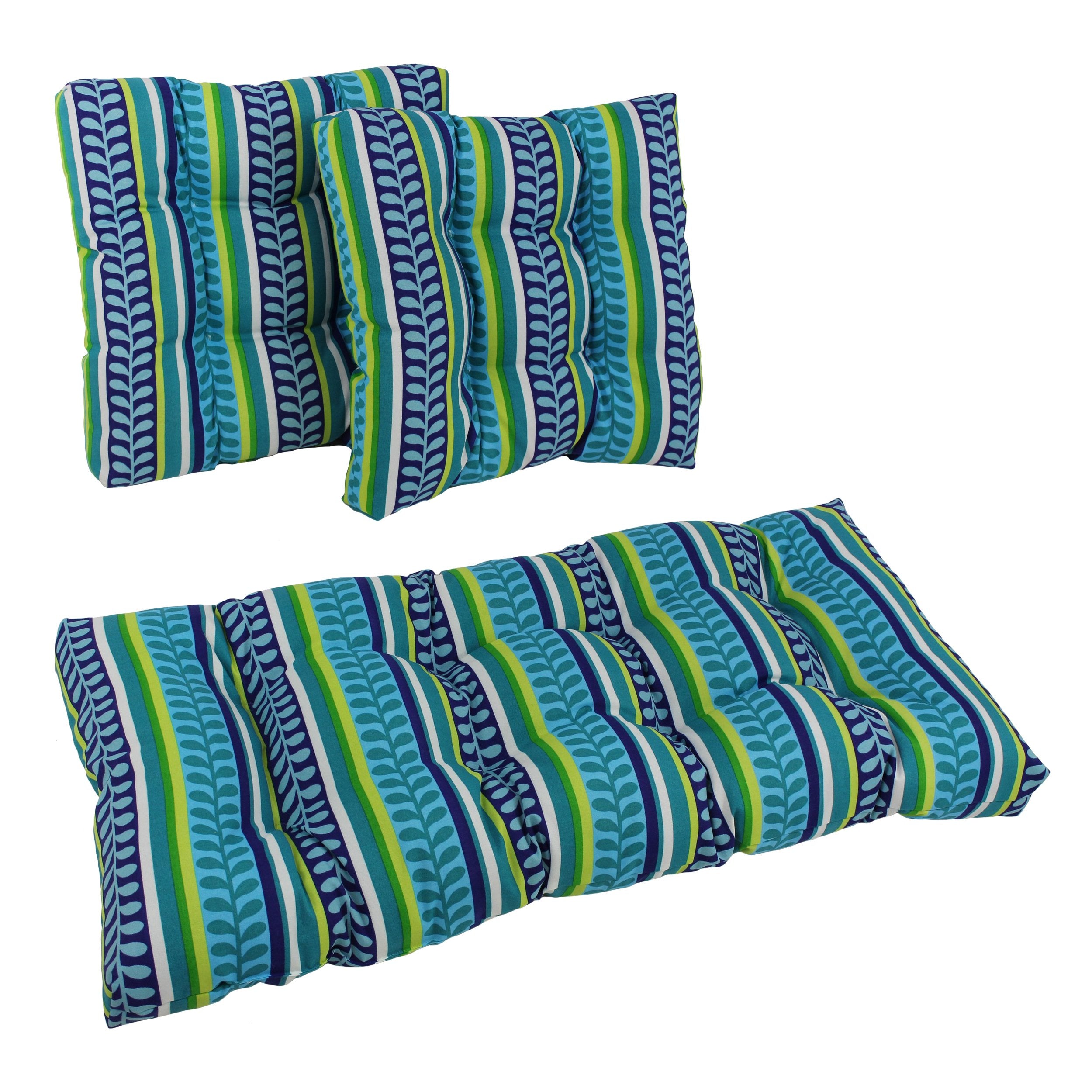 Blazing Needles Squared Patterned Spun Polyester Tufted Settee Cushions Set, Set of 3, Pike Azure