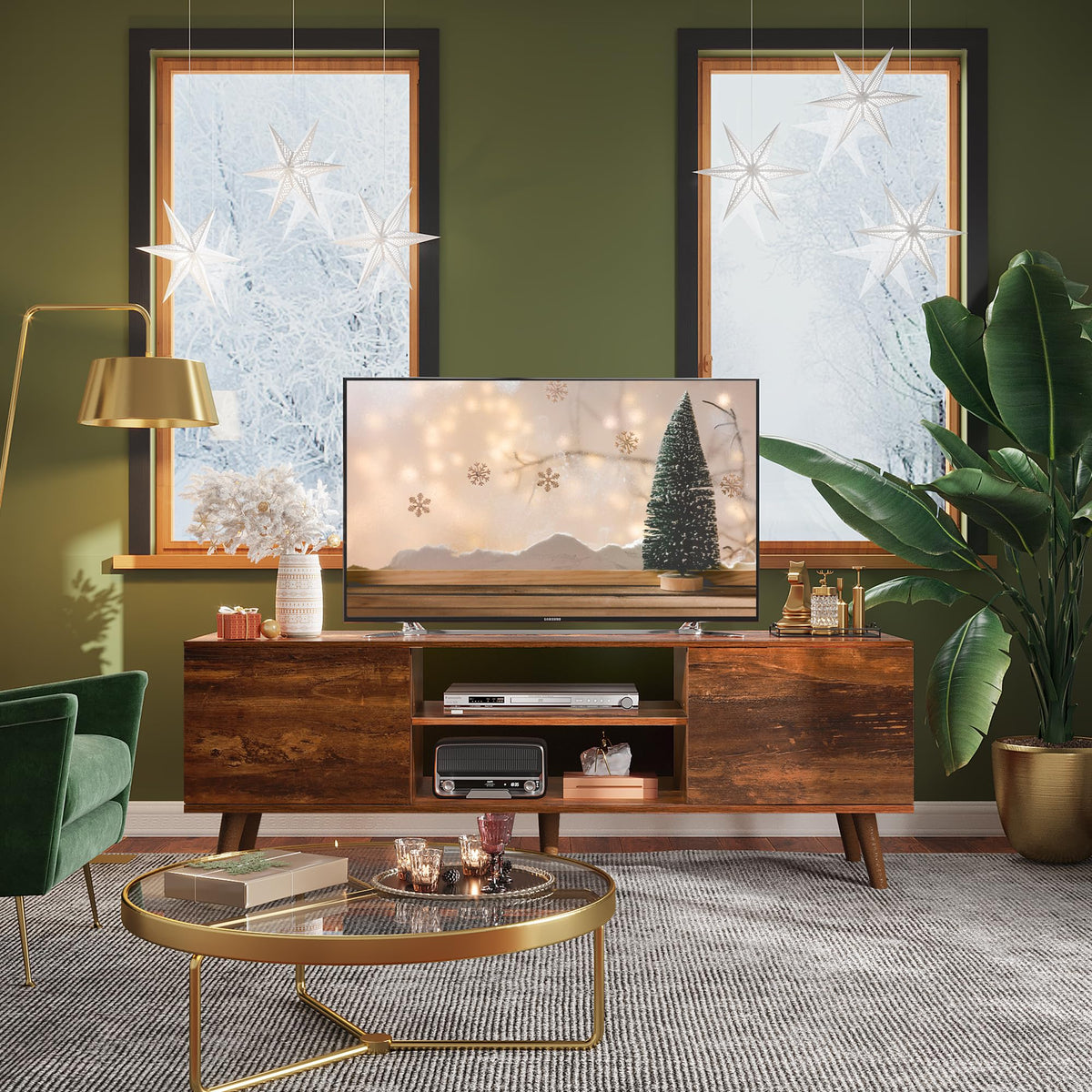 Wlive Tv Stand For 55 60 Inch Tv, Mid Century Modern Tv Console, Entertainment Center With Storage For Living Room, Retro Brown