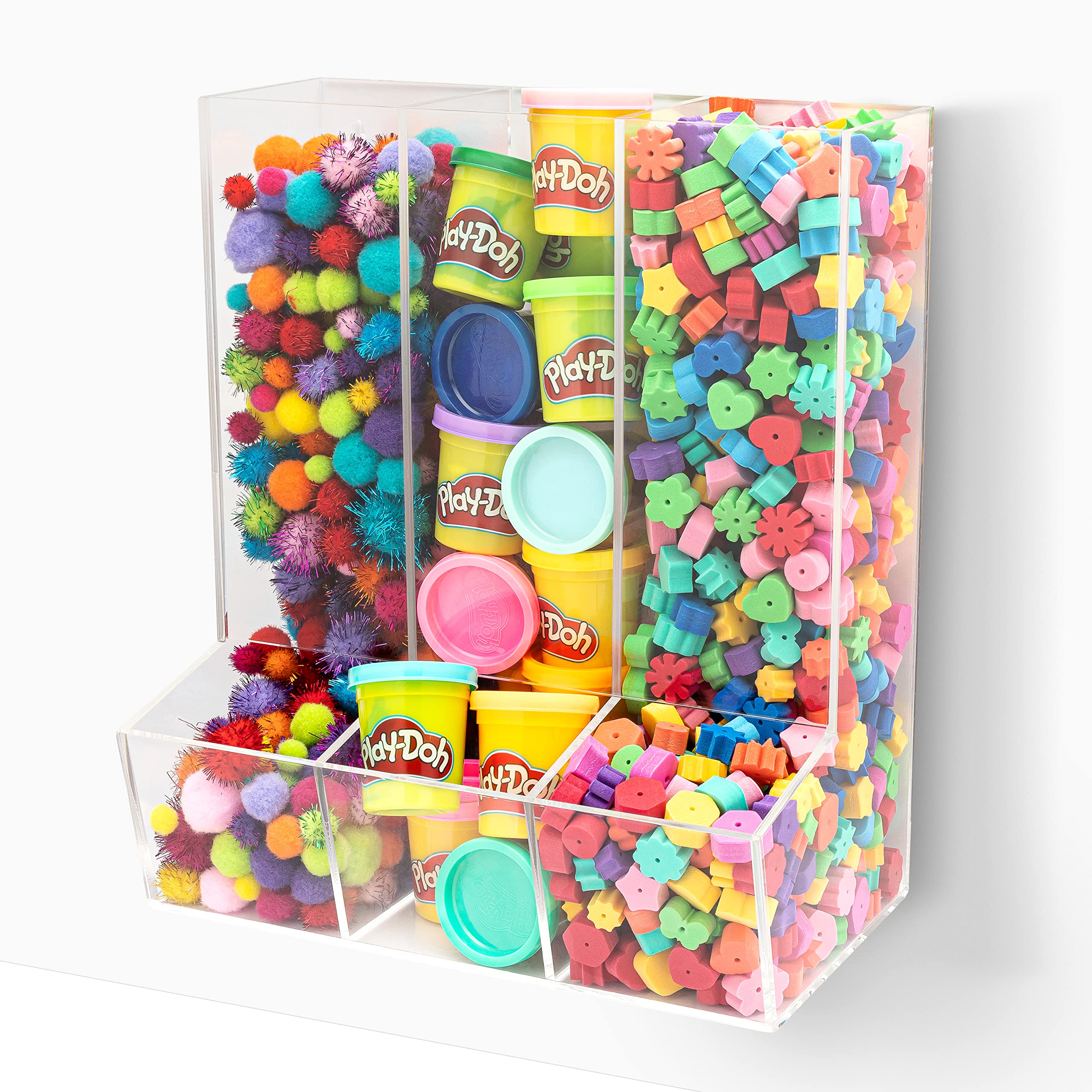SimplyImagine Acrylic Triple Divided Wall Toy Dispenser, Hanging Organizer and Storage Bin for Childrens Room - 3 Compartment Cl