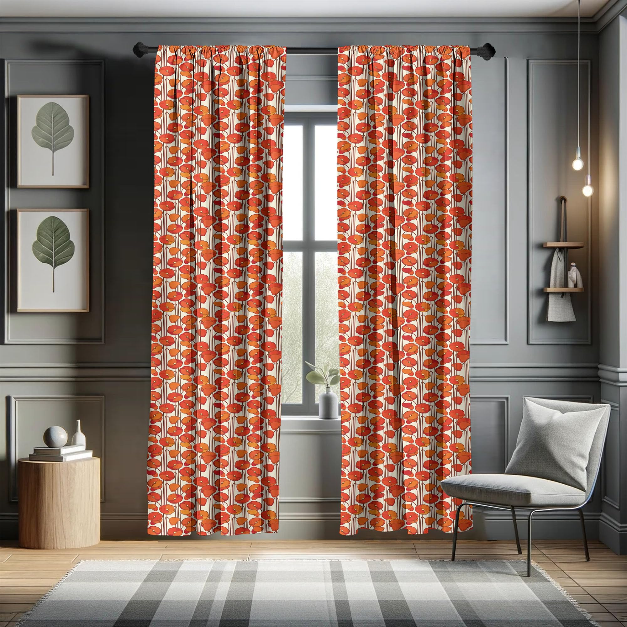 Ambesonne Floral Window Curtains, Art Nouveau Style Poppy Flowers Retro Spring Summer Garden Foliage Petals, Lightweight Decorat