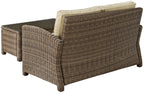 Crosley Furniture Bradenton 2-Piece Wicker Outdoor Coffee Table and Loveseat Patio Furniture Set for Porch, Brown with Sand Cushions