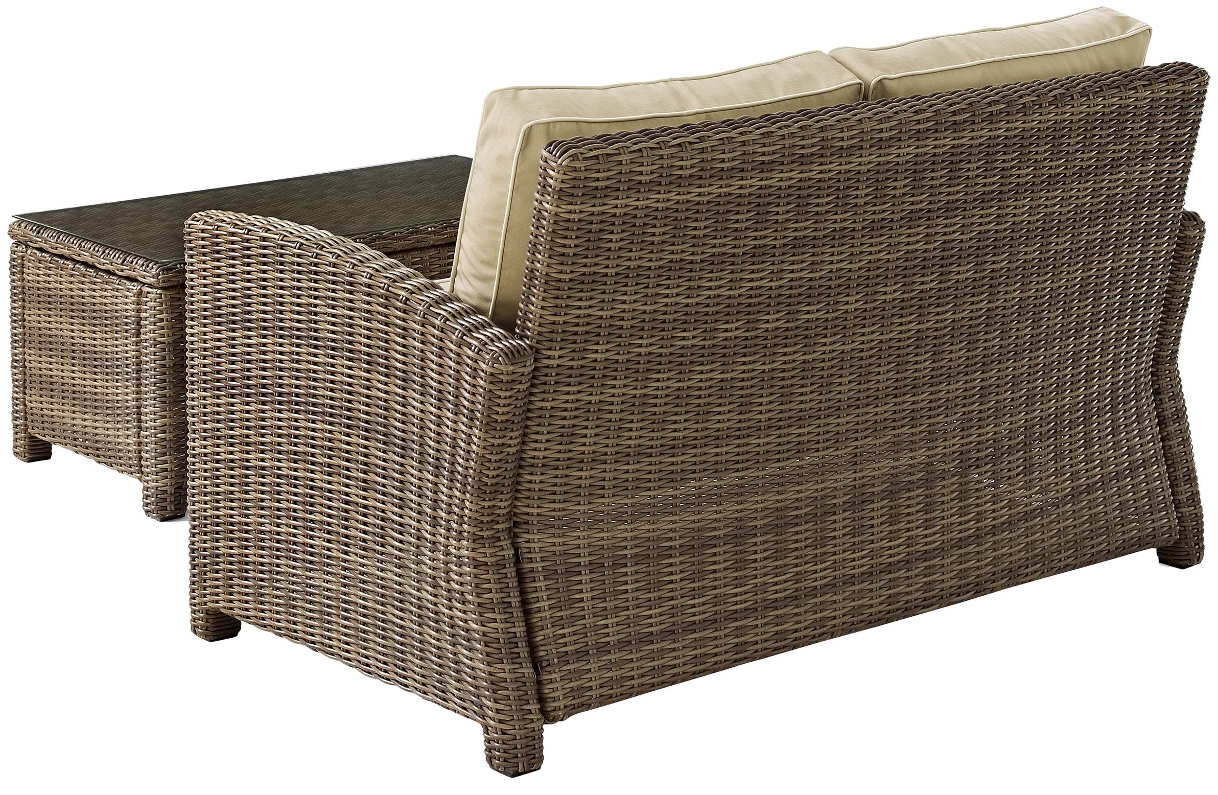 Crosley Furniture Bradenton 2-Piece Wicker Outdoor Coffee Table and Loveseat Patio Furniture Set for Porch, Brown with Sand Cushions