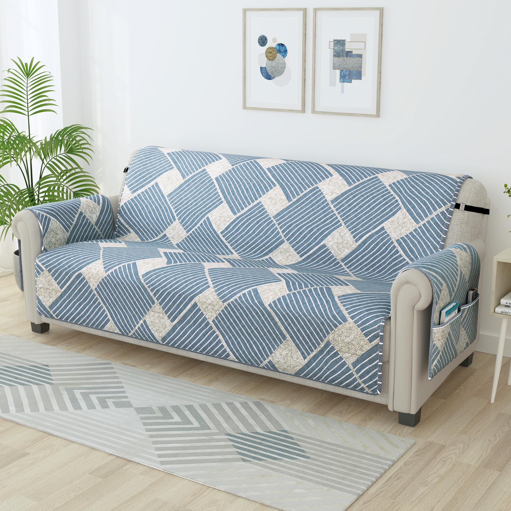 Story@Home Quilted Sofa Cover 3 Seater Fully Covered|175 X170 Microfiber Sofa Cover 3 Seater Greyish Blue Geometric Stripes Desi