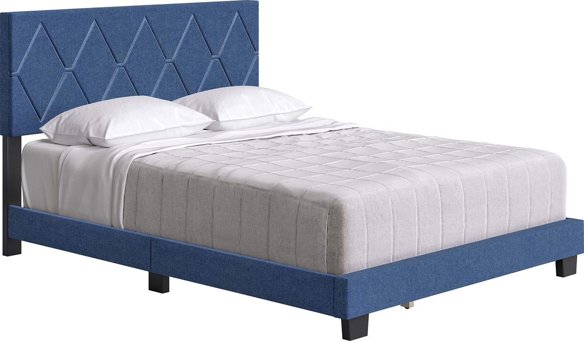 Boyd Sleep Diamond Upholstered Platform Bed with Headboard and Durable Mattress Foundation with Strong 4 Wood Slat Supports, Box Spring Required: King, Blue