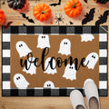 Tinideya 2 Pcs Halloween Door Mat White Ghost Welcome Non Slip Coir Mats Black White Buffalo Plaid Floor Layering Doormats Seaso
