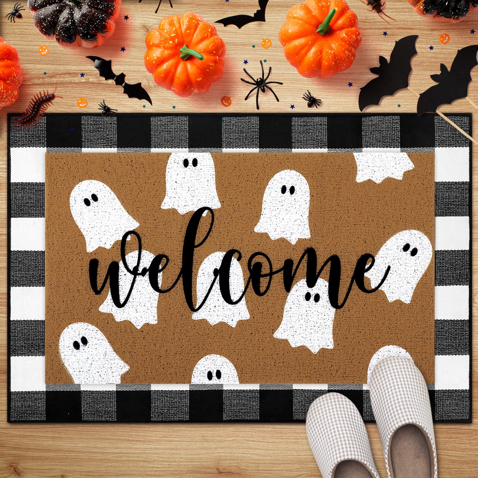 Tinideya 2 Pcs Halloween Door Mat White Ghost Welcome Non Slip Coir Mats Black White Buffalo Plaid Floor Layering Doormats Seaso