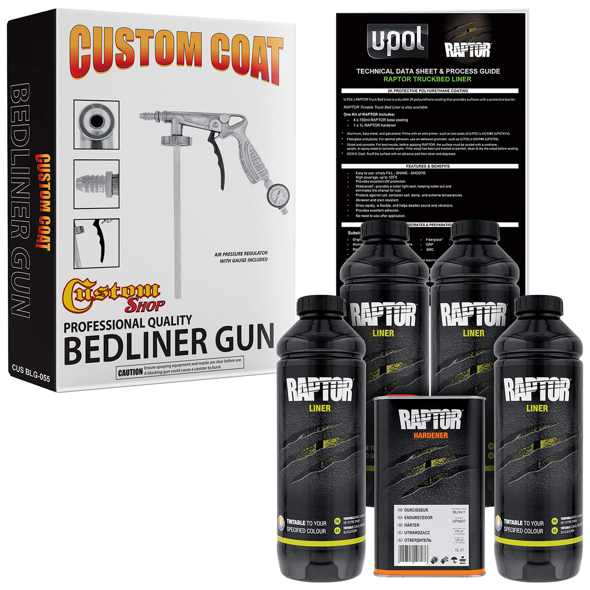 Custom Shop U-Pol Raptor Tintable Urethane Spray-On Truck Bed Liner Kit And Custom Coat Spray Gun With Regulator, 4 Quart Kit