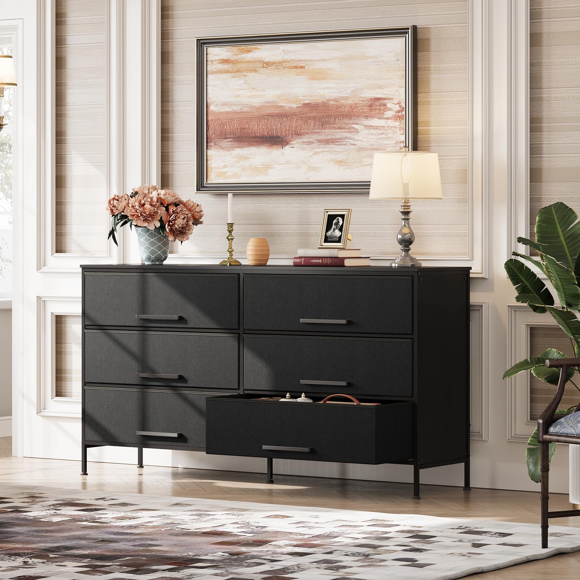 Wlive Wide Fabric Dresser, 6 Drawer Dresser Tv Stand For 68' Tv, Dressers Bedroom Furniture Large Storage Tower Unit With Fabric Bins, White Dresser For Bedroom, Closet, Hallway, Black