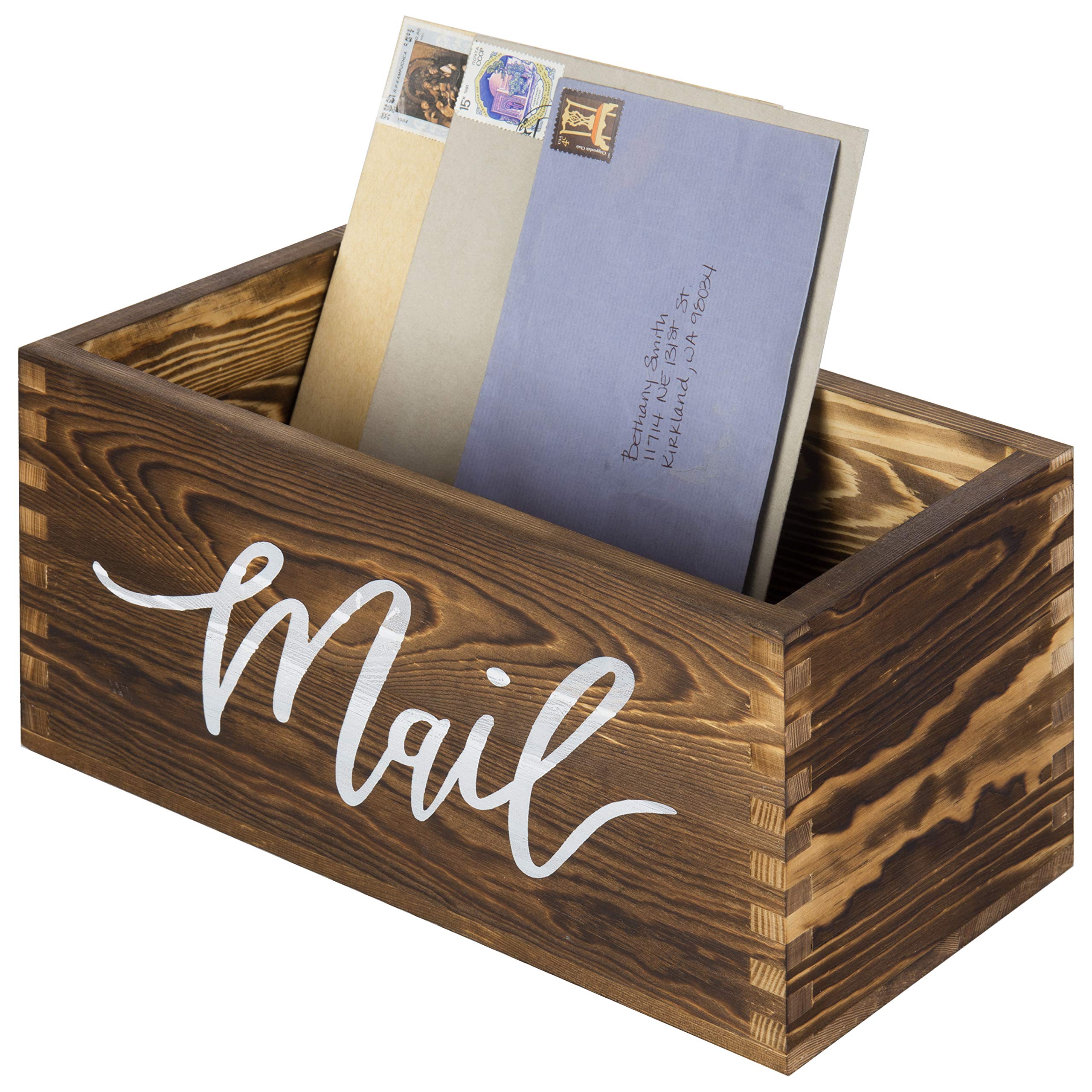 MyGift Mail Holder Storage Organizer Box Rustic Brown Wood with MAIL Script Design, Desktop Letters, Bills, Notes and Postcard B