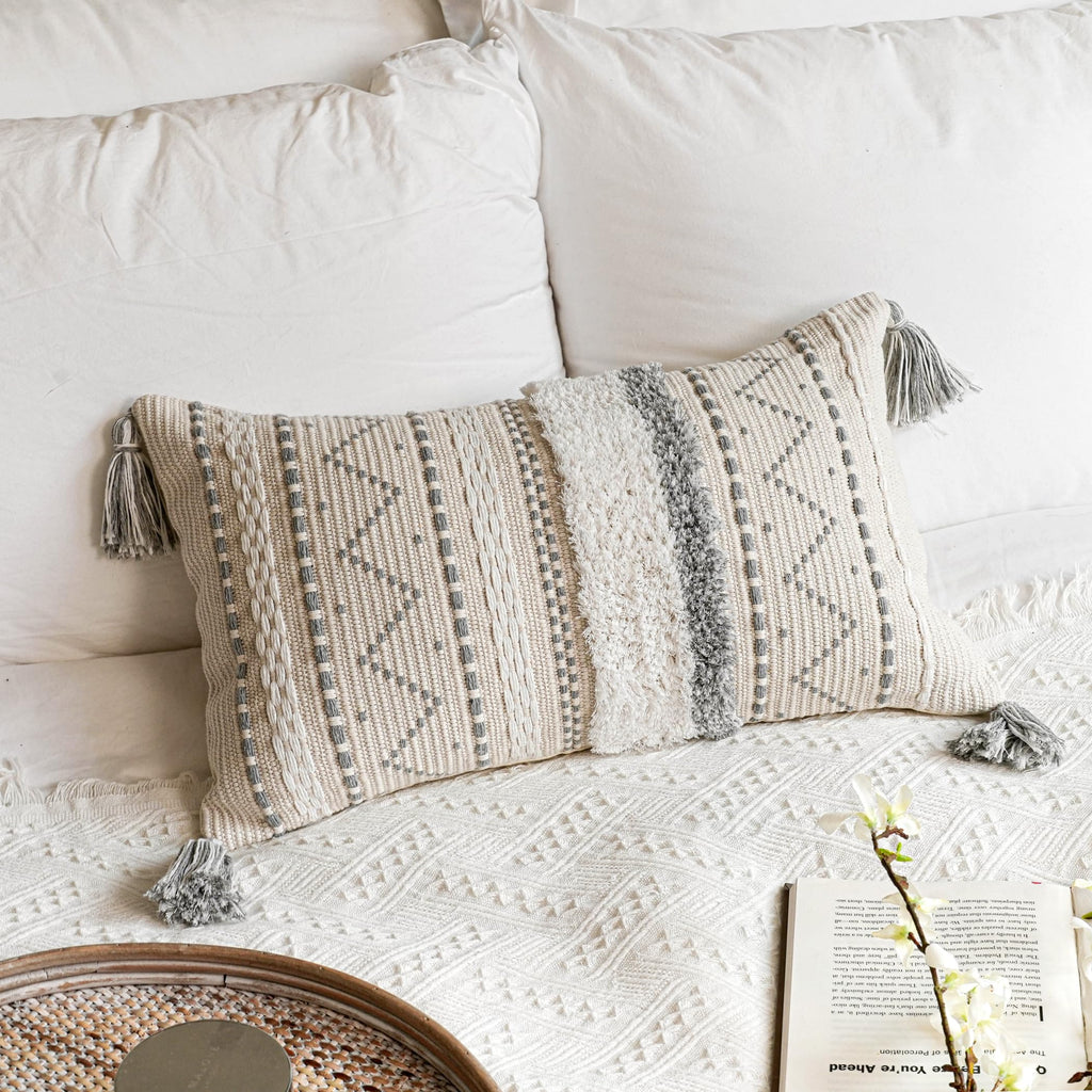 Blissblush Decorative Lumbar Throw Pillow Cover 12X20 Gray Rectangular Boho Accent Pillowcase Neutral White Farmhouse Cushion Fo