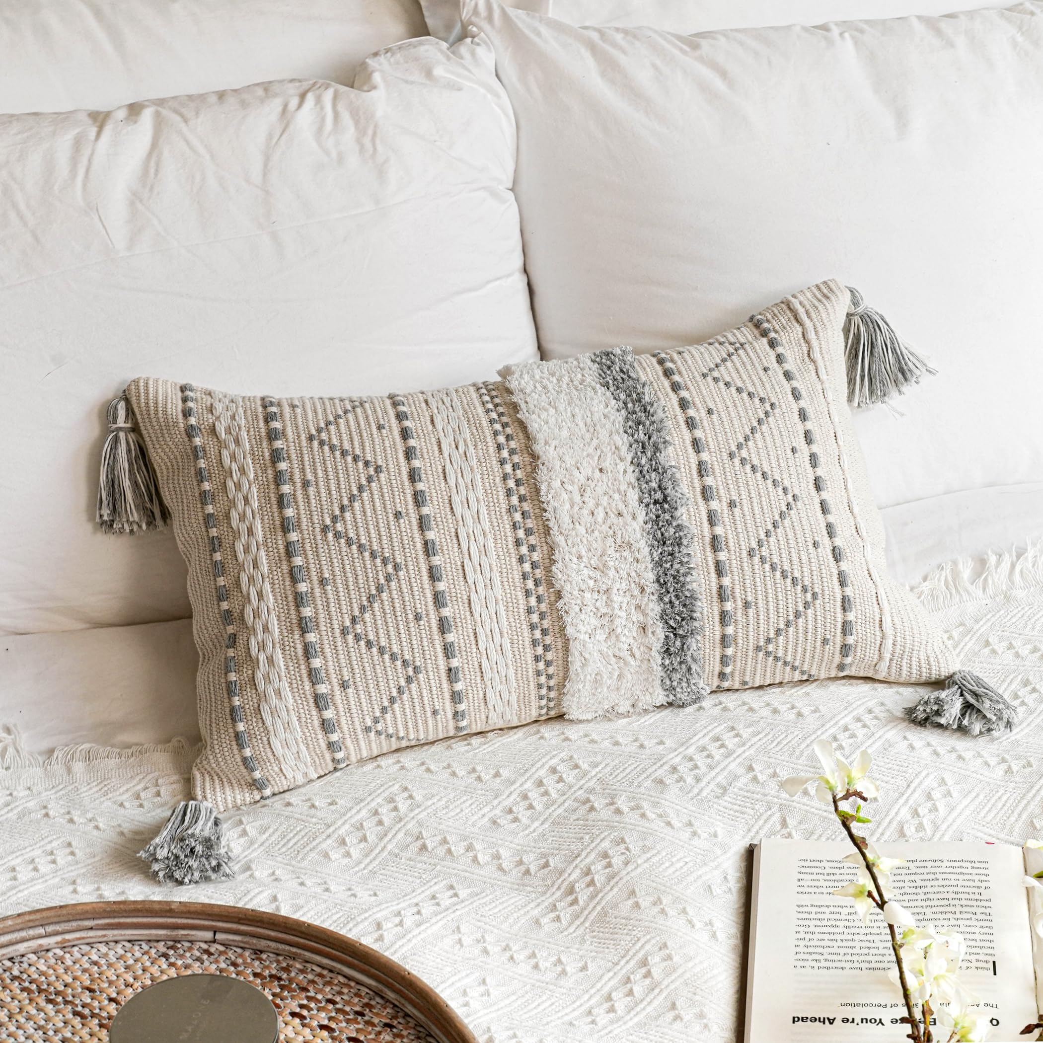 Blissblush Decorative Lumbar Throw Pillow Cover 12X20 Gray Rectangular Boho Accent Pillowcase Neutral White Farmhouse Cushion Fo