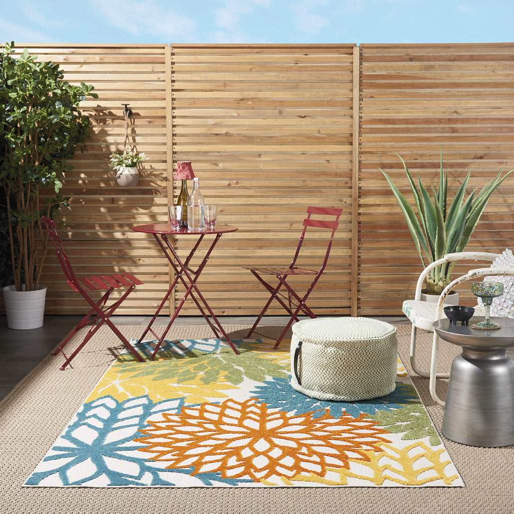 Nourison Aloha Indoor/Outdoor Floral Turquoise Multicolor 3'6' X 5'6' Area Rug, (4' X 6')