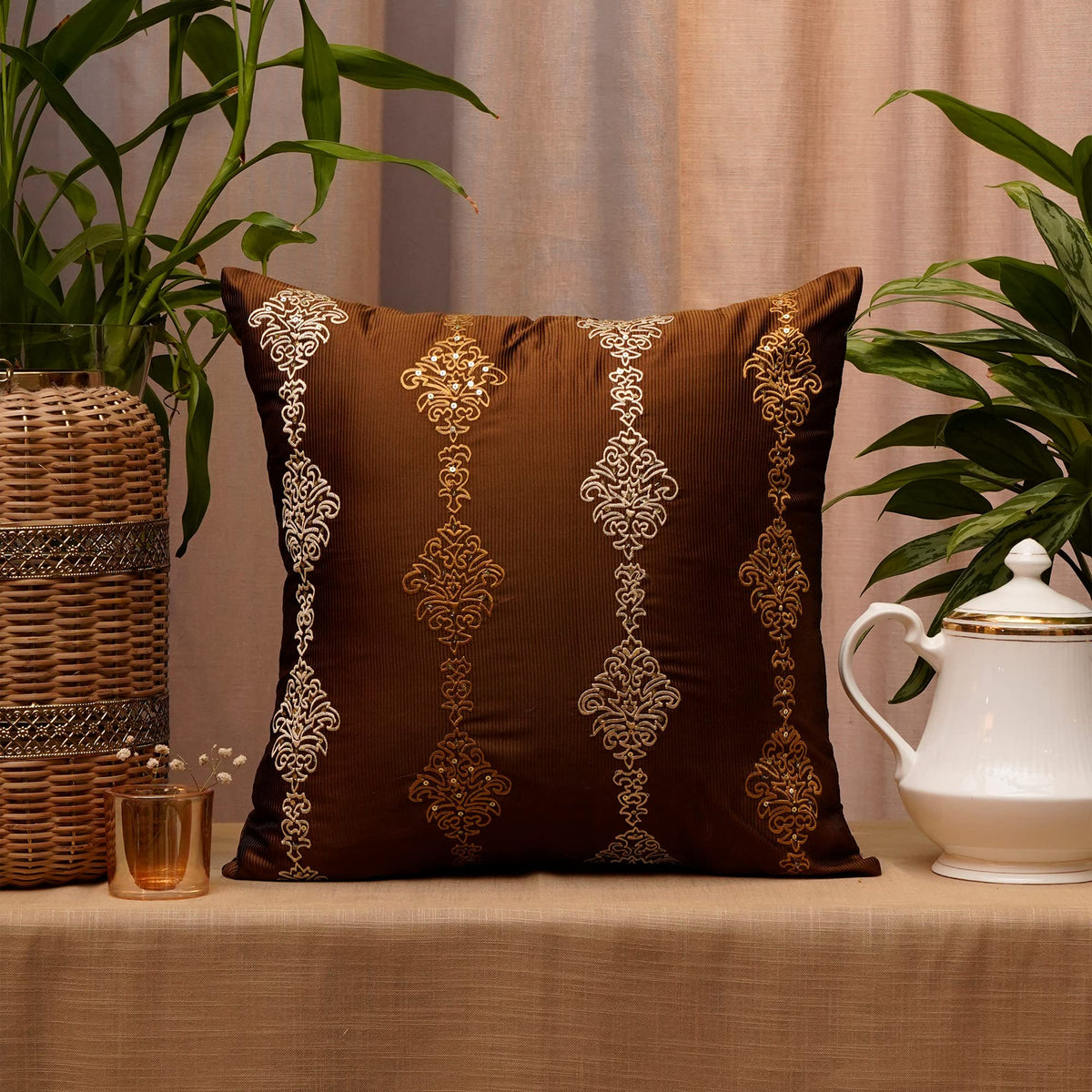 Zeba World Polyester Blend Embroidered Brown Cushion Cover, 16 Inches X 16 Inches (Pack Of 1)