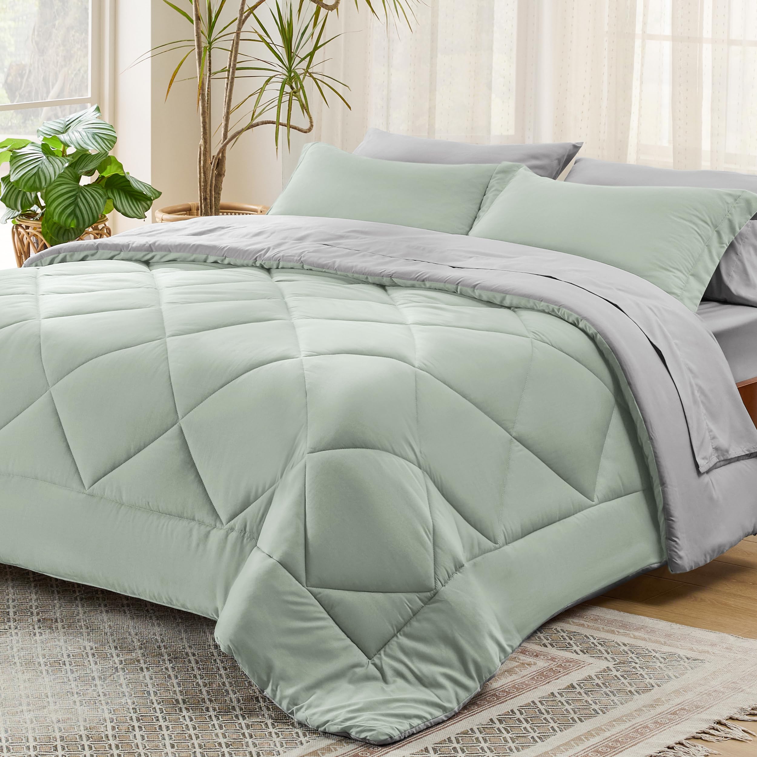 Bedsure Sage Green Queen Comforter Set - 7 Pieces Reversible Bed Set Sage Green Bed In A Bag Queen With Comforters, Sheets, Pill