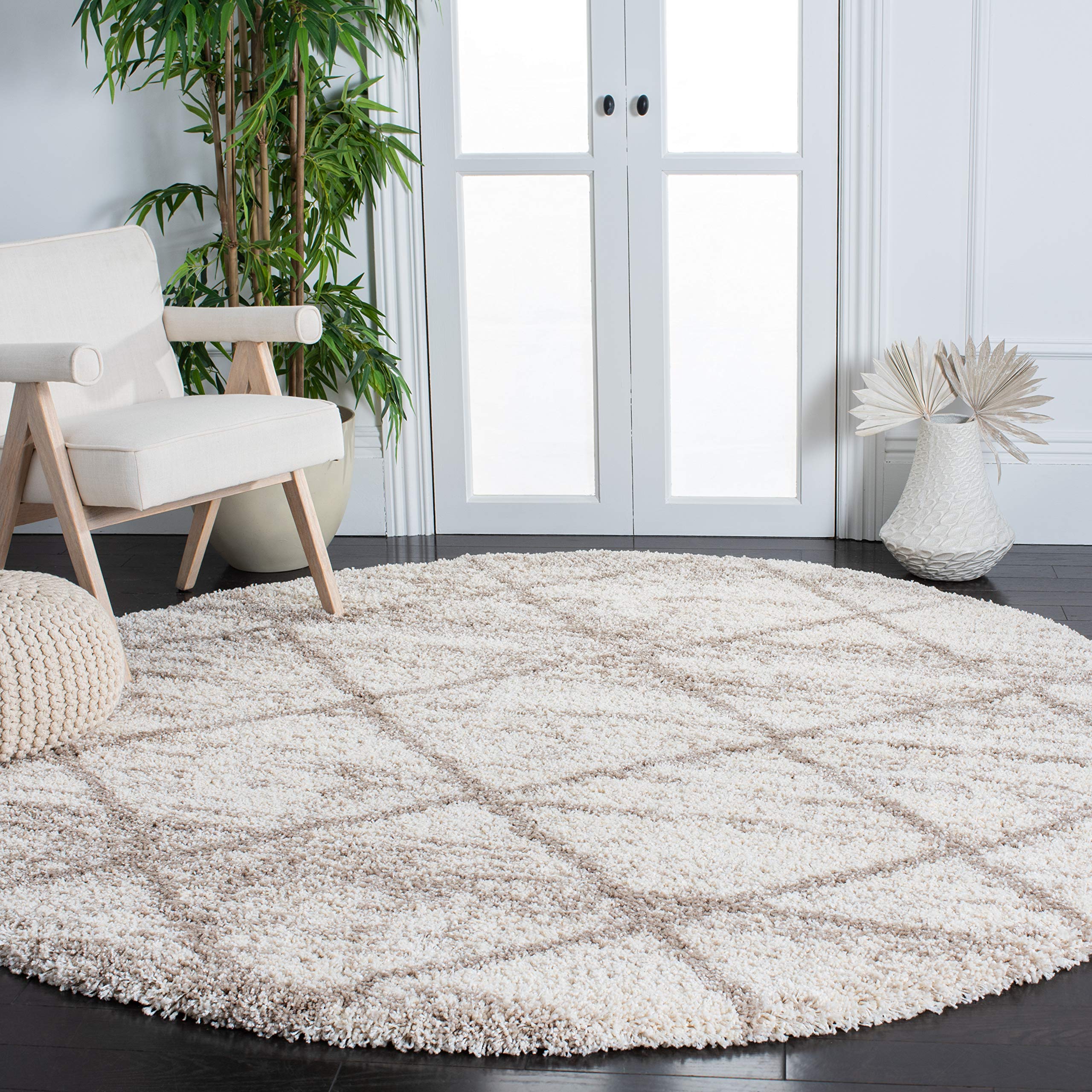 SAFAVIEH Hudson Shag Collection Area Rug - 4 Round, Multi Ivory & Beige, Modern Trellis Design, Non-Shedding & Easy Care, 2-inc