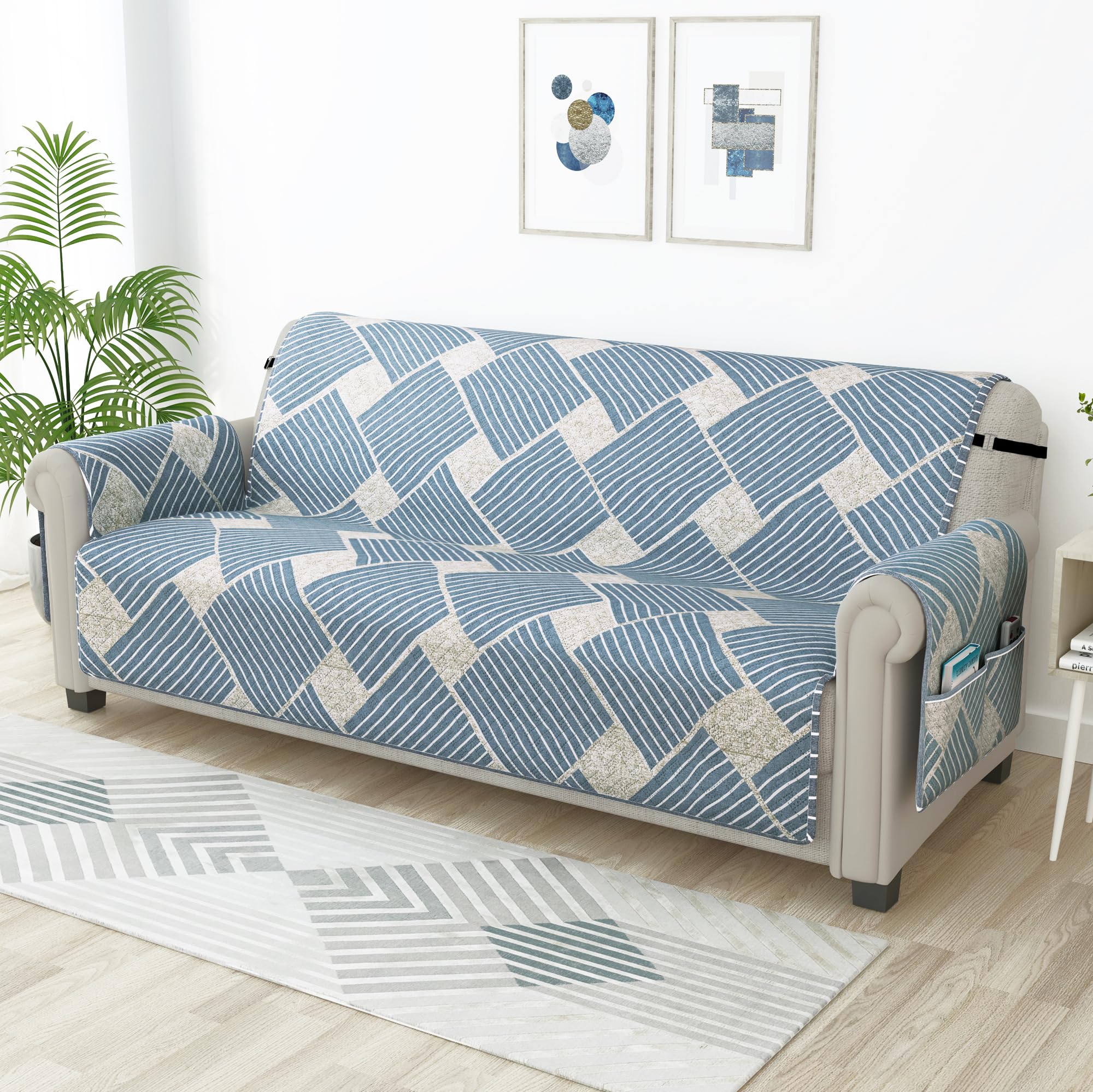 Story@Home Quilted Sofa Cover 4 Seater Fully Covered Microfiber Sofa Cover 4 Seater 175 X 220 Cm Off Greyish Blue, Printed 4 Sea