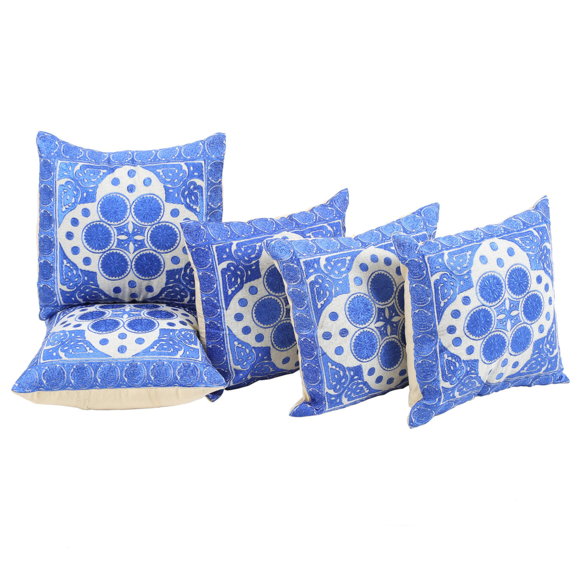 Indigenous Handicrafts Blue Linen Embroidered Cushion Cover Set Of 5 Piece (41X41 Cm)