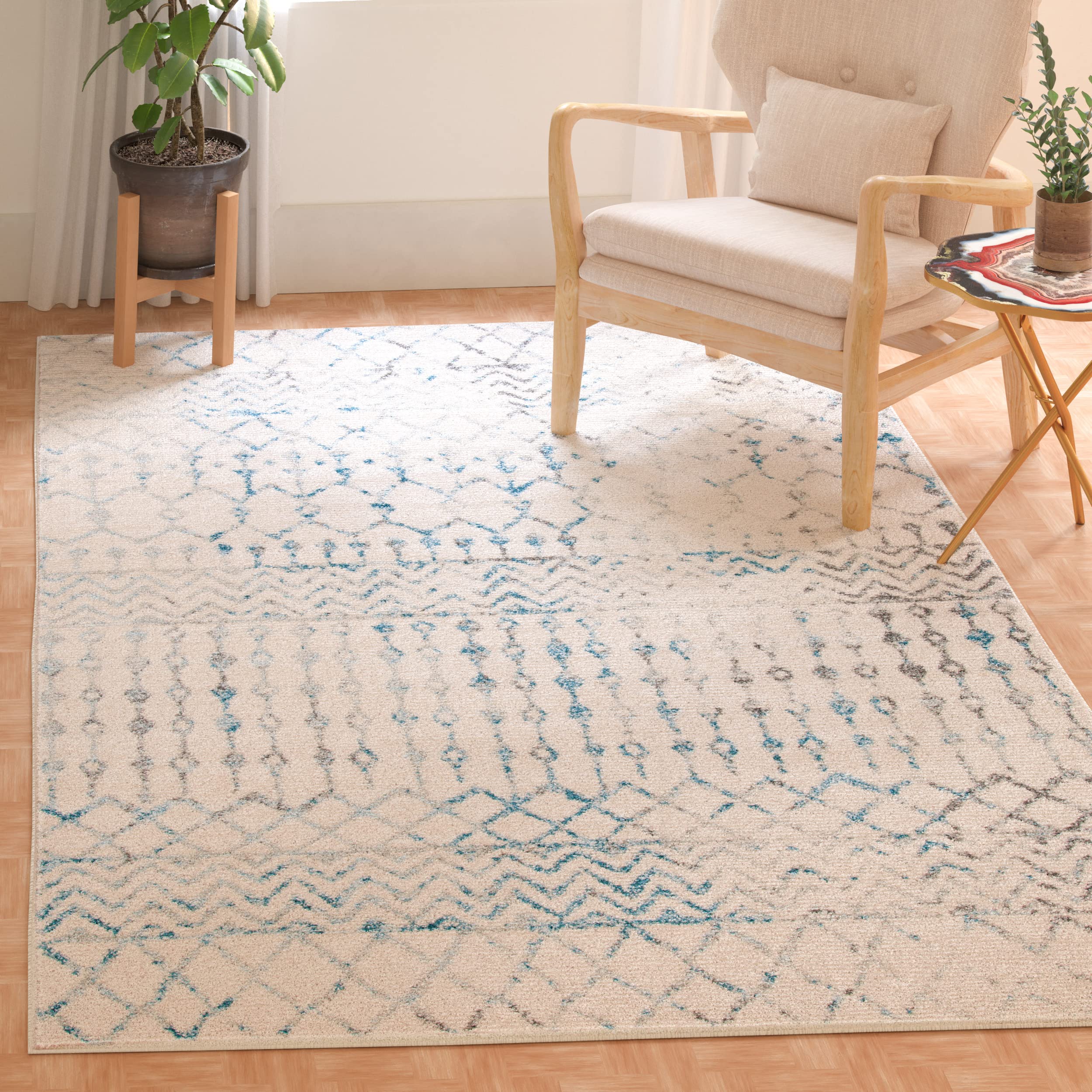 SAFAVIEH Tulum Collection 8 Square Ivory/Turquoise TUL270B Moroccan Boho Distressed Non-Shedding Living Room Dining Bedroom Are
